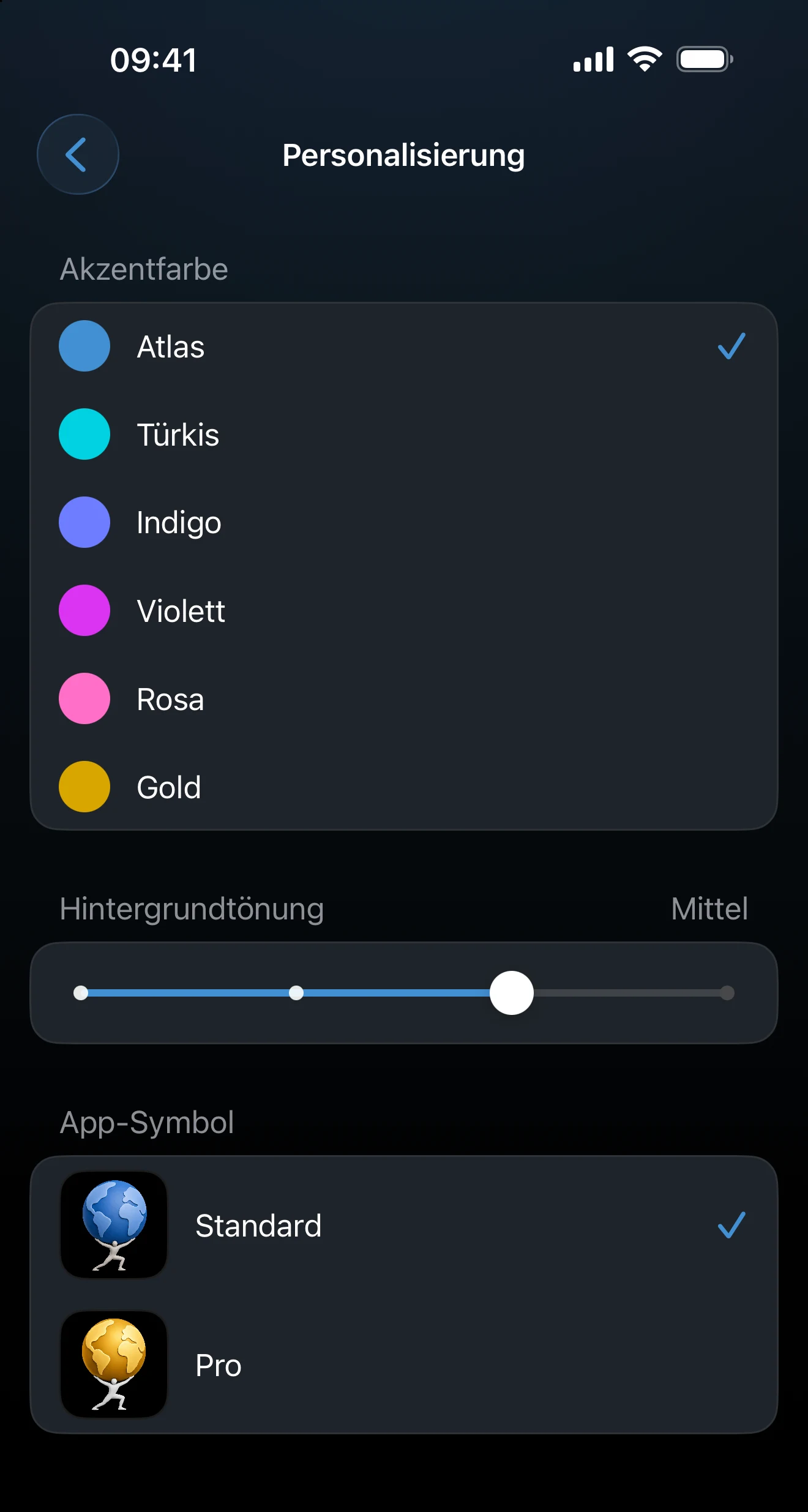 Der Bildschirm „Personalisieren“ mit Akzentfarbe, Hintergrund und App-Symbol
