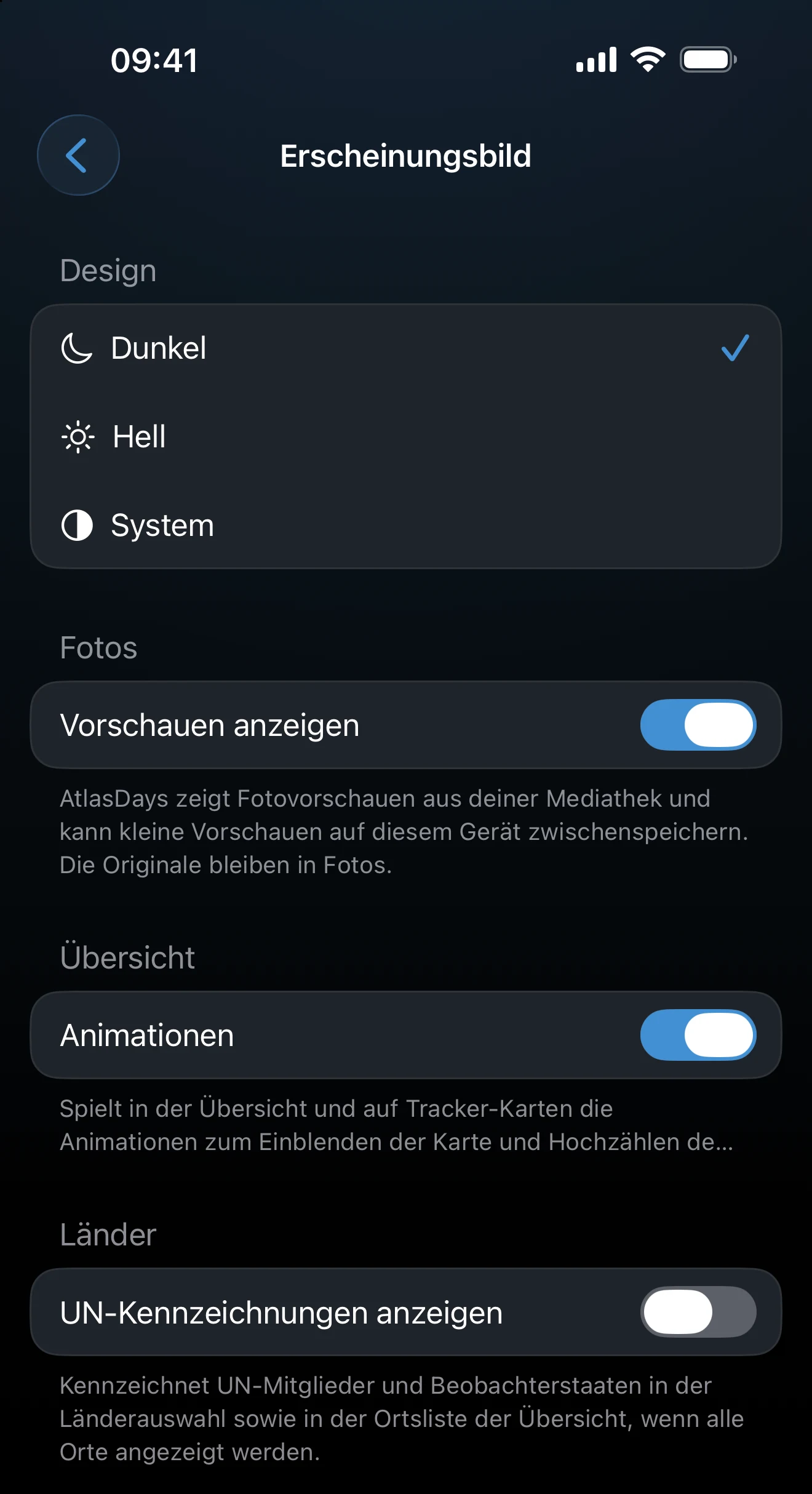 Die Einstellungen zu Erscheinungsbild und Personalisierung mit der Auswahl für Erscheinungsbild und Akzentfarbe