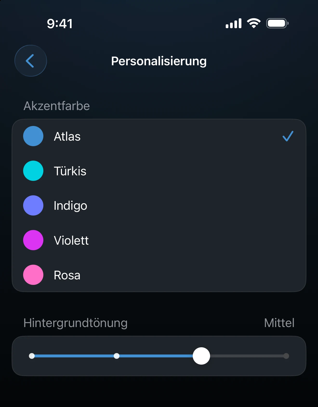 Der Bildschirm „Personalisierung“ mit Akzentfarben und dem Regler für die Hintergrundtönung
