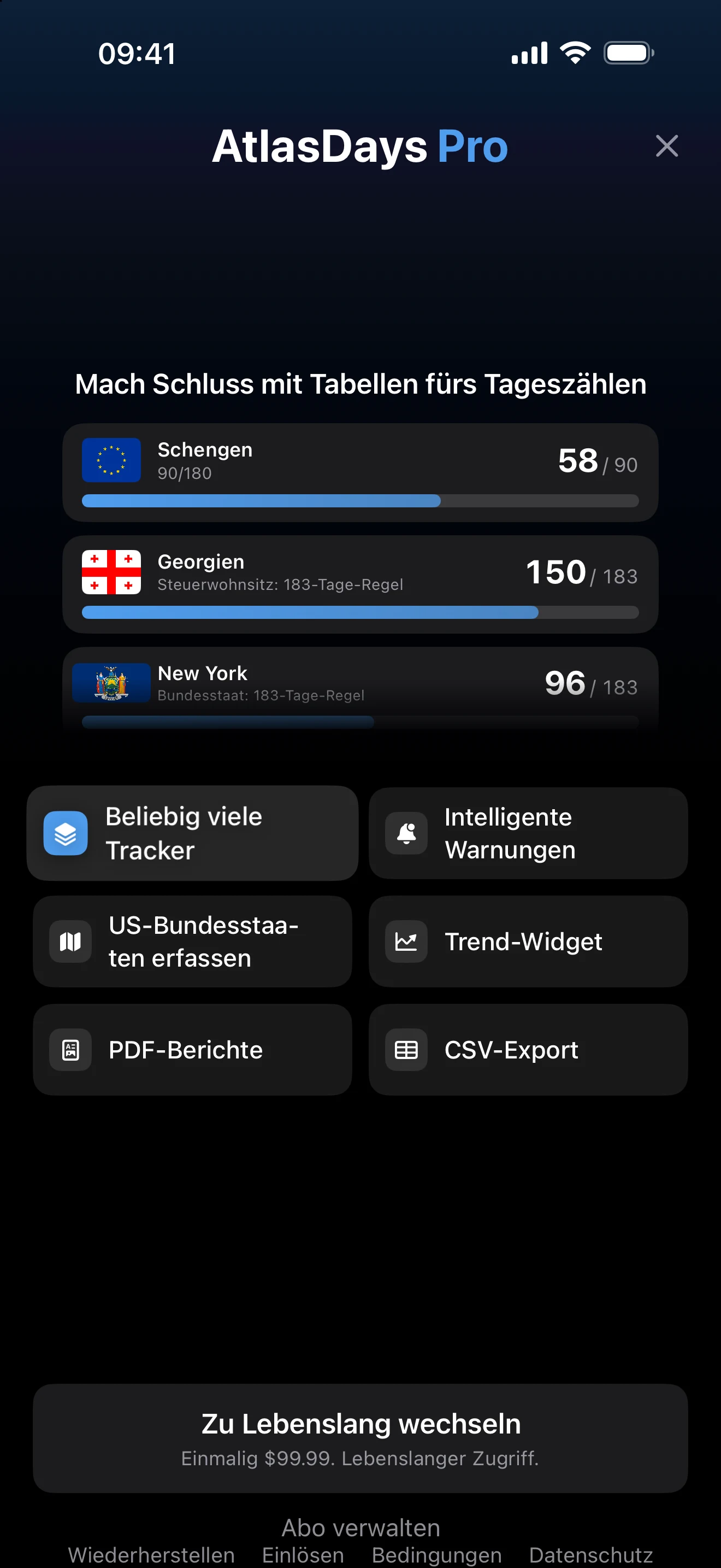 Der aktuelle Upgrade-Bildschirm für AtlasDays Pro mit der Liste der Funktionen