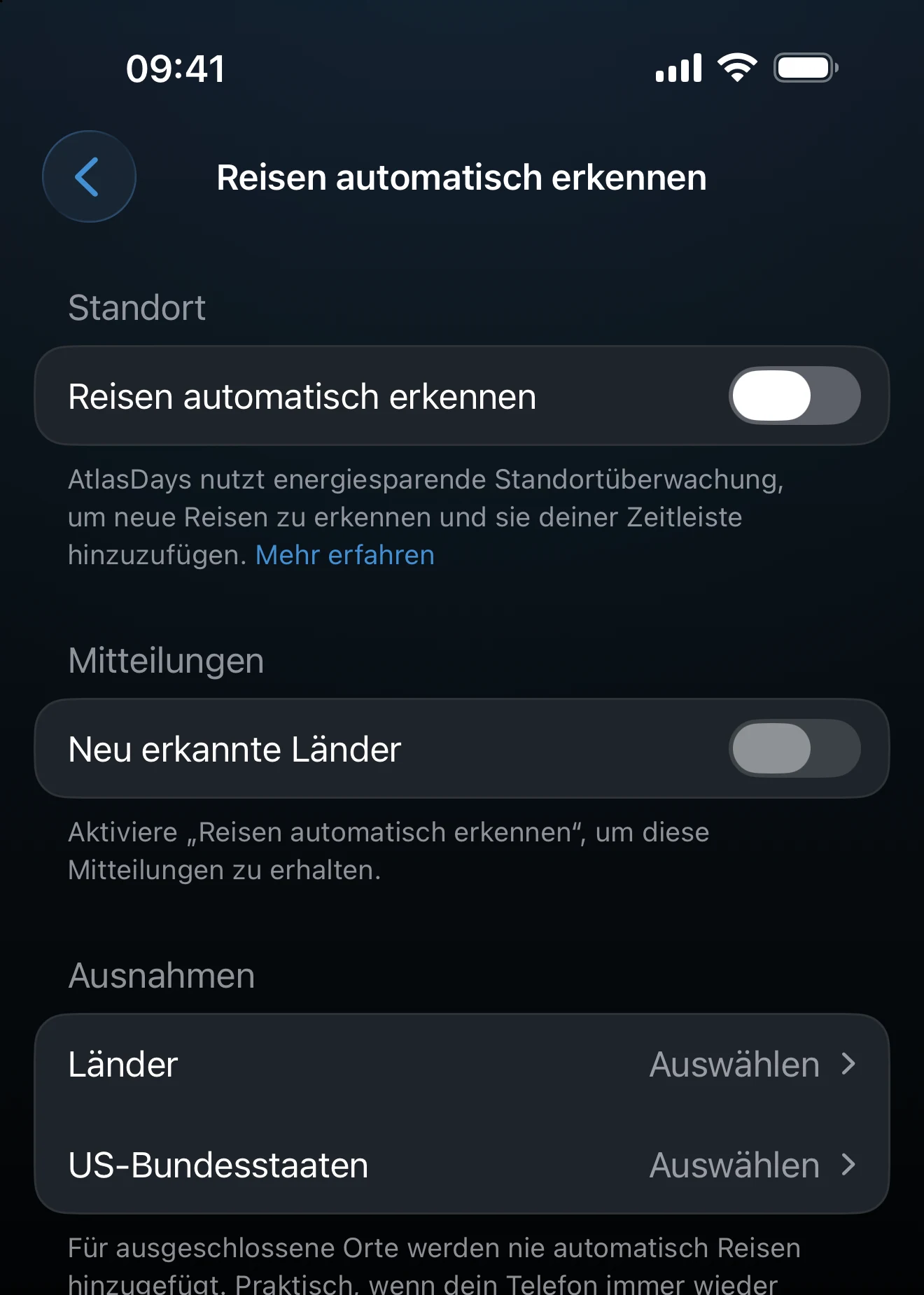 Die Einstellungen für „Reisen automatisch erkennen“ mit den Optionen für Standort und Mitteilungen