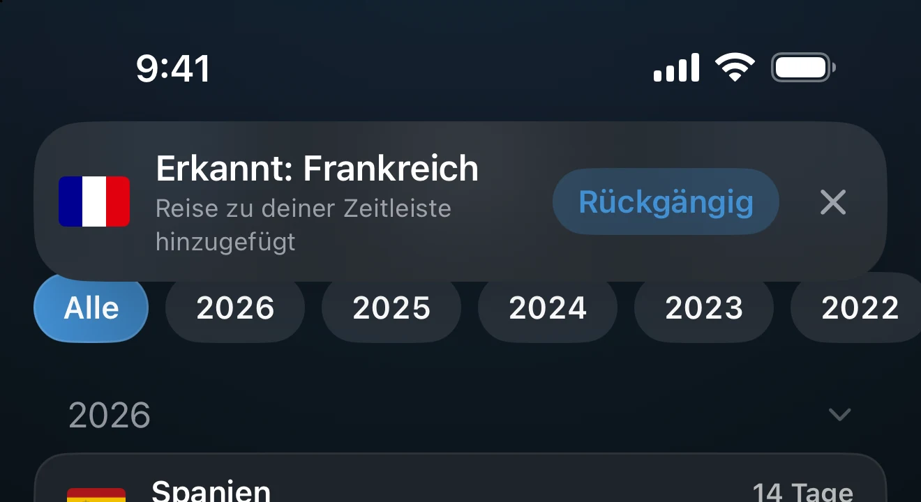 Banner in der App, das ein erkanntes Land mit der Taste „Rückgängig“ anzeigt