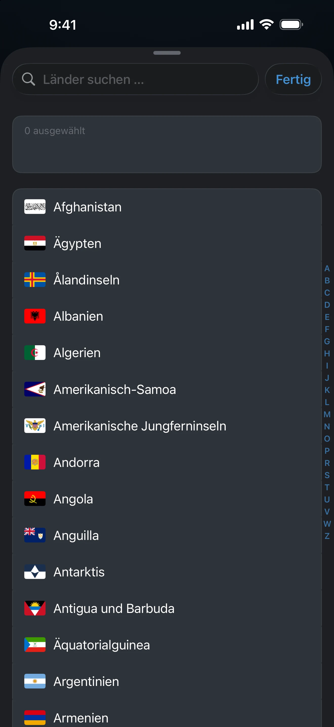 Liste der Ausnahmen der automatischen Erkennung mit ausgewählten Ländern