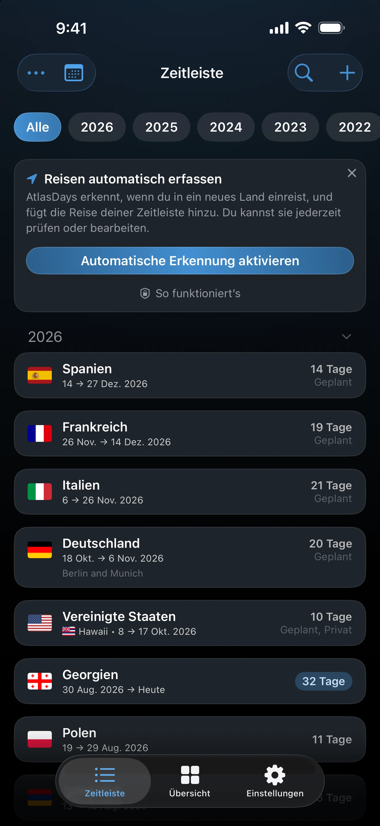 Hinweiskarte in der Zeitleiste, die anbietet, die automatische Erkennung einzuschalten