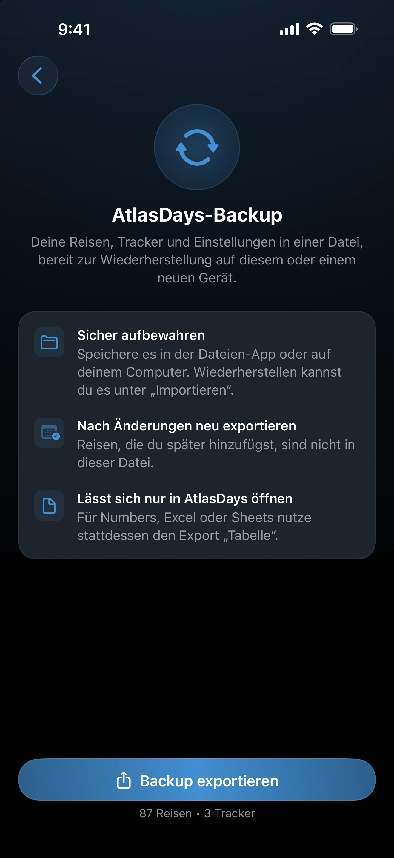 Der Bildschirm „AtlasDays-Backup“ mit der Taste „Backup exportieren“ und den Anzahlen von Reisen und Trackern