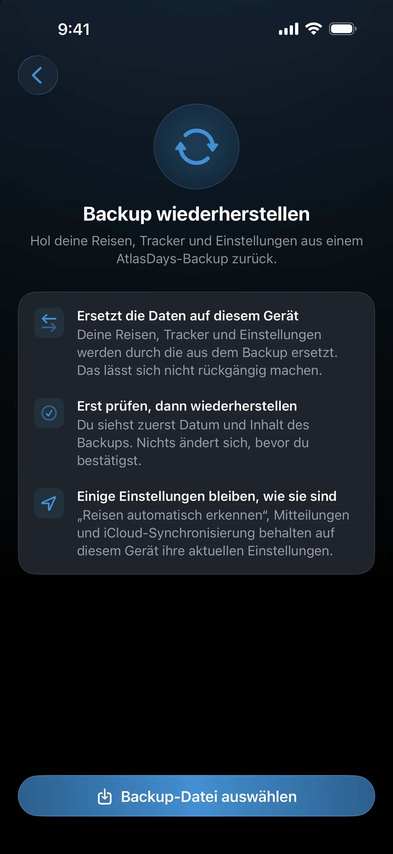 Der Bildschirm zum Wiederherstellen eines Backups mit der Taste „Backup-Datei auswählen“