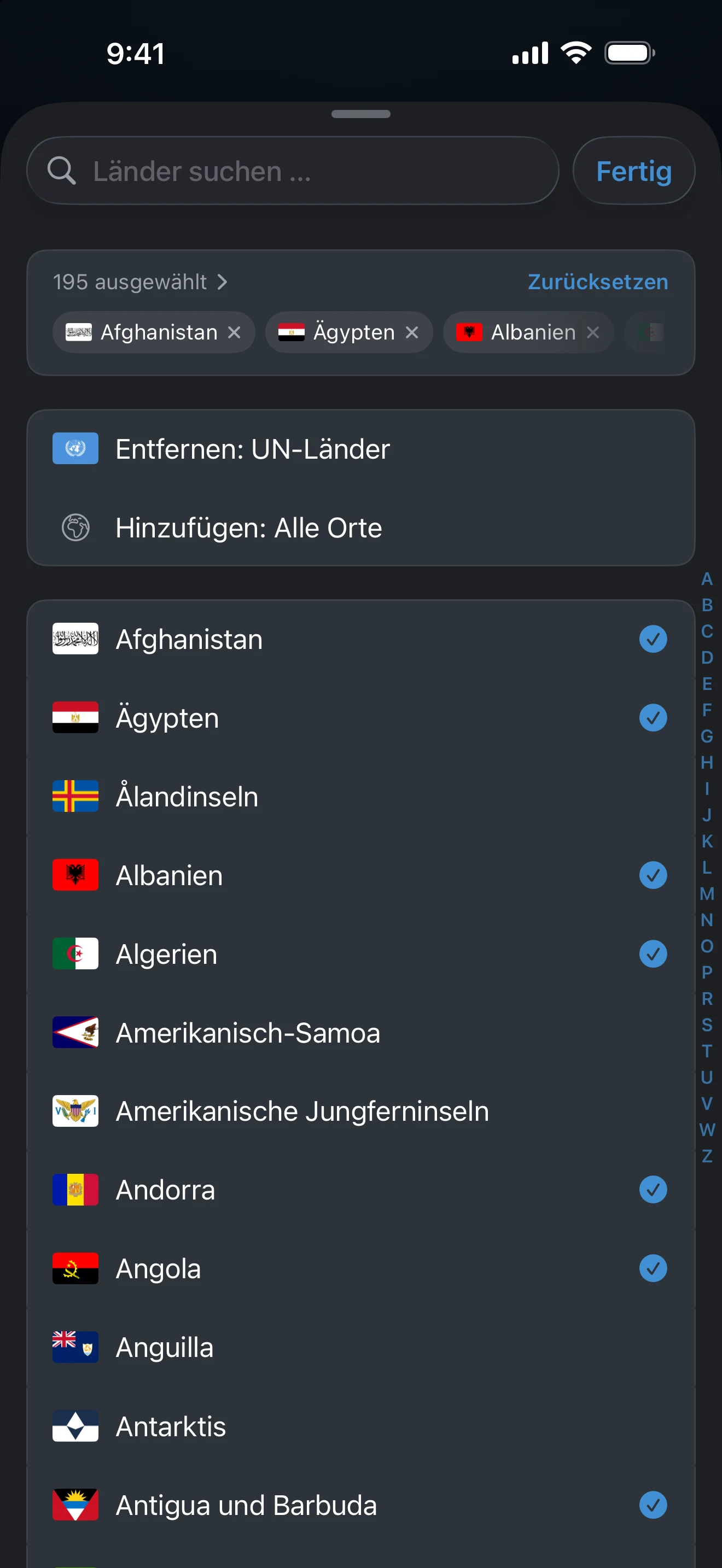 Die Auswahl der Länderzählung mit der Vorlagenzeile „UN-Länder“ über der Liste der Orte