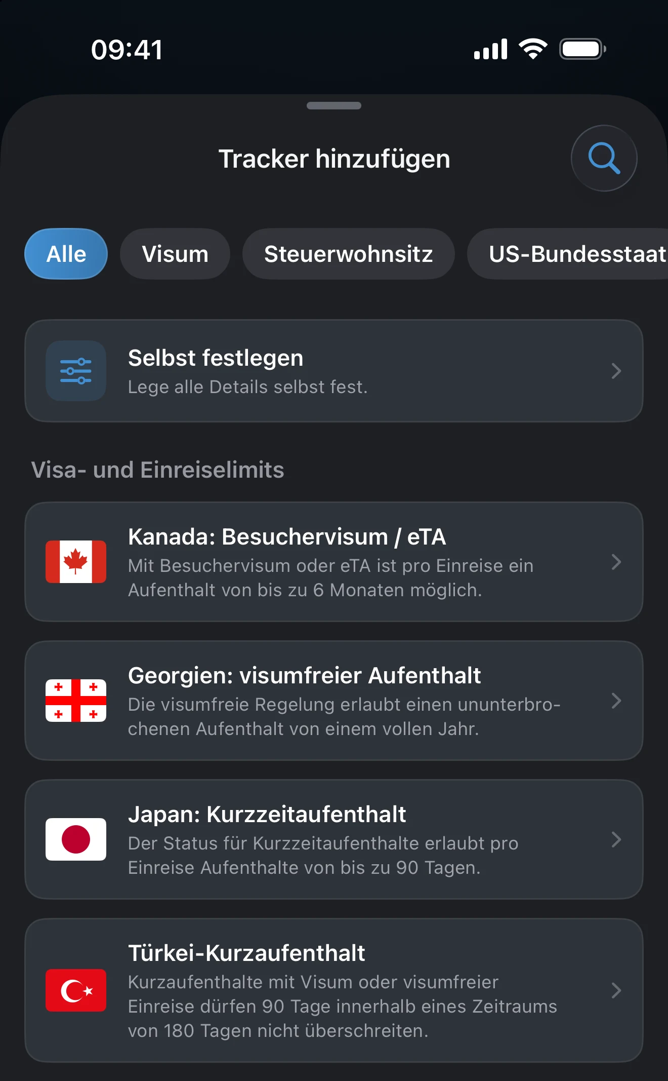 Das Blatt Tracker hinzufügen mit den Filtern Visum, Steuerwohnsitz, US-Bundesstaat und Aufenthaltsziel über der Vorlagenliste