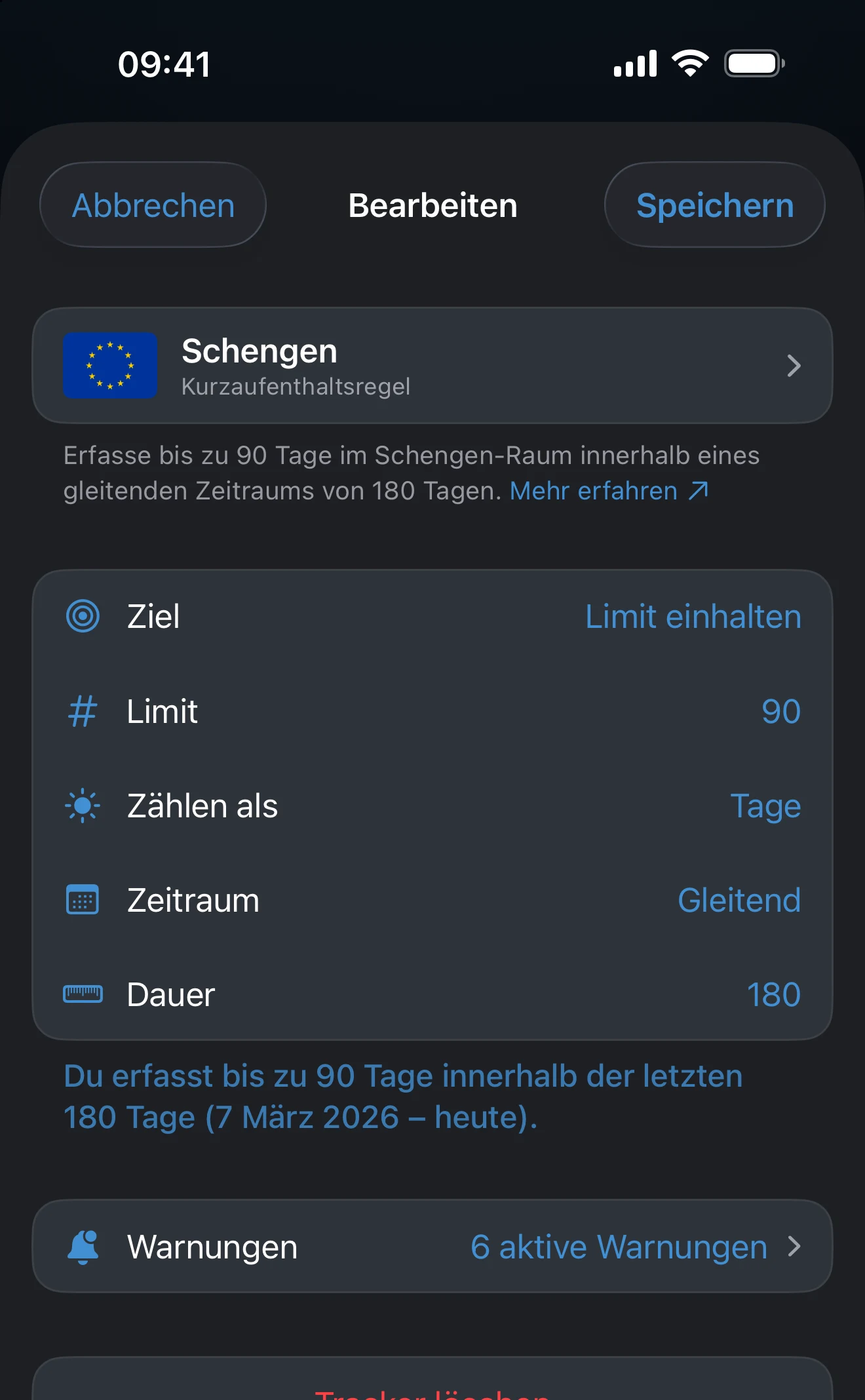 Der eingerichtete Tracker-Editor mit Orten, Zeitraum und Limit
