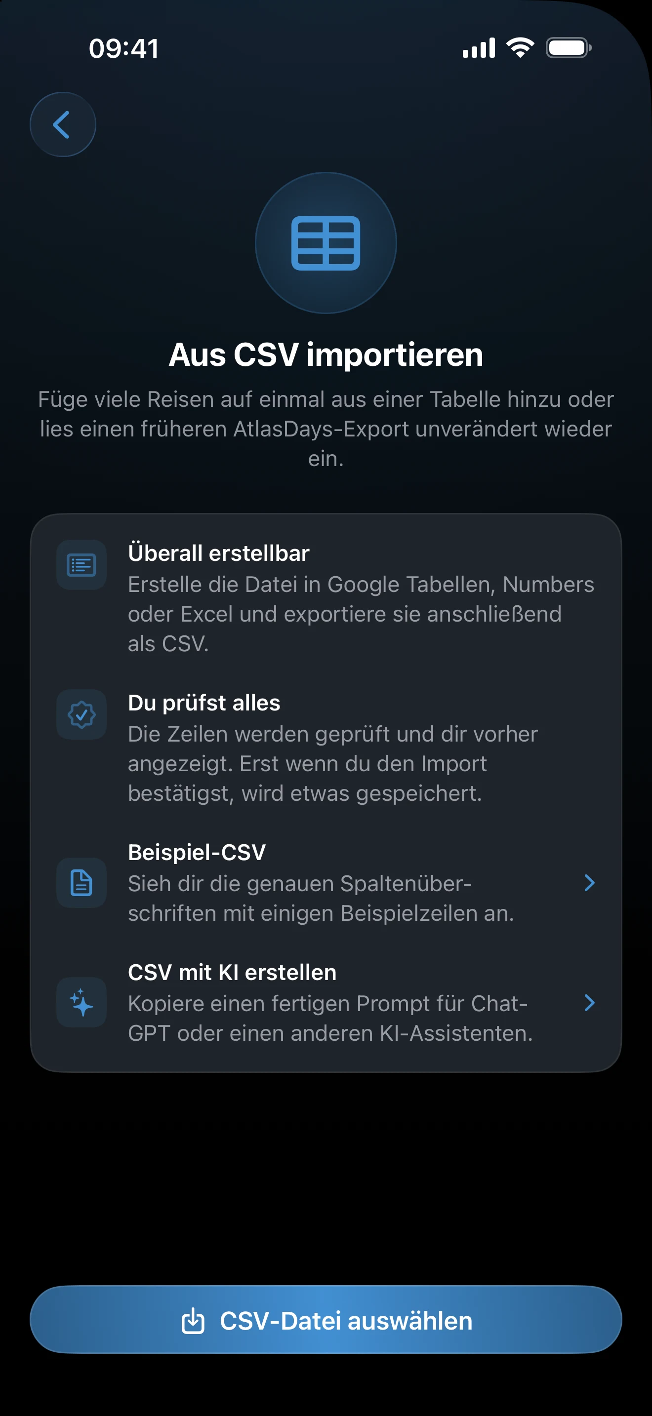 Die Vorschau des CSV-Imports mit gültigen, ungültigen, doppelten und überschneidenden Zeilen