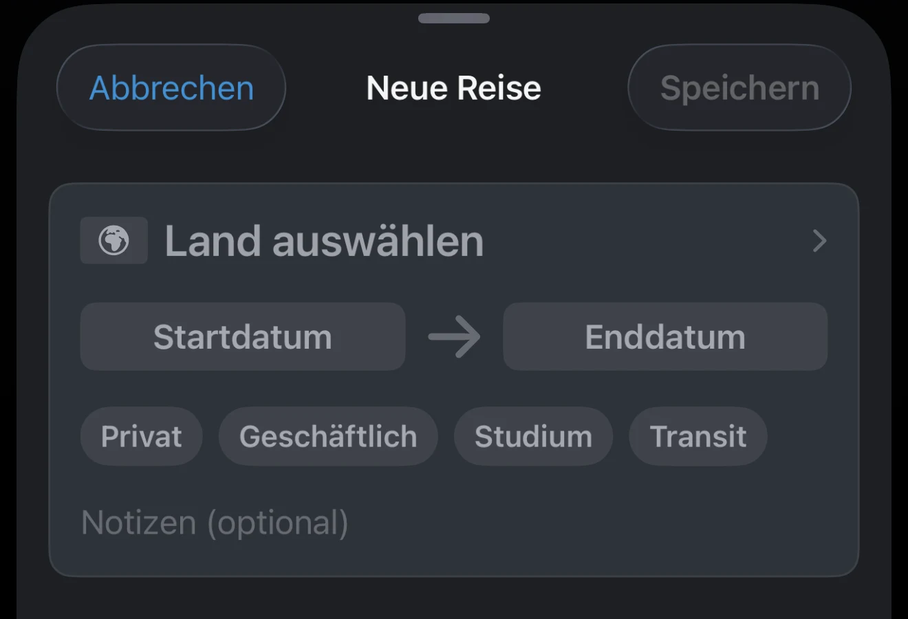 Reisedaten mit Start- und Enddatum