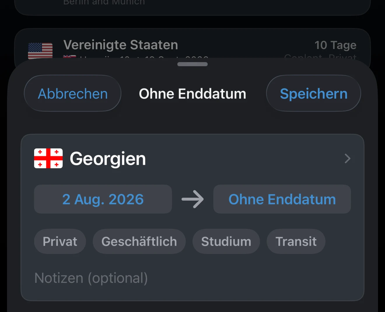 Laufende Reise ohne Enddatum