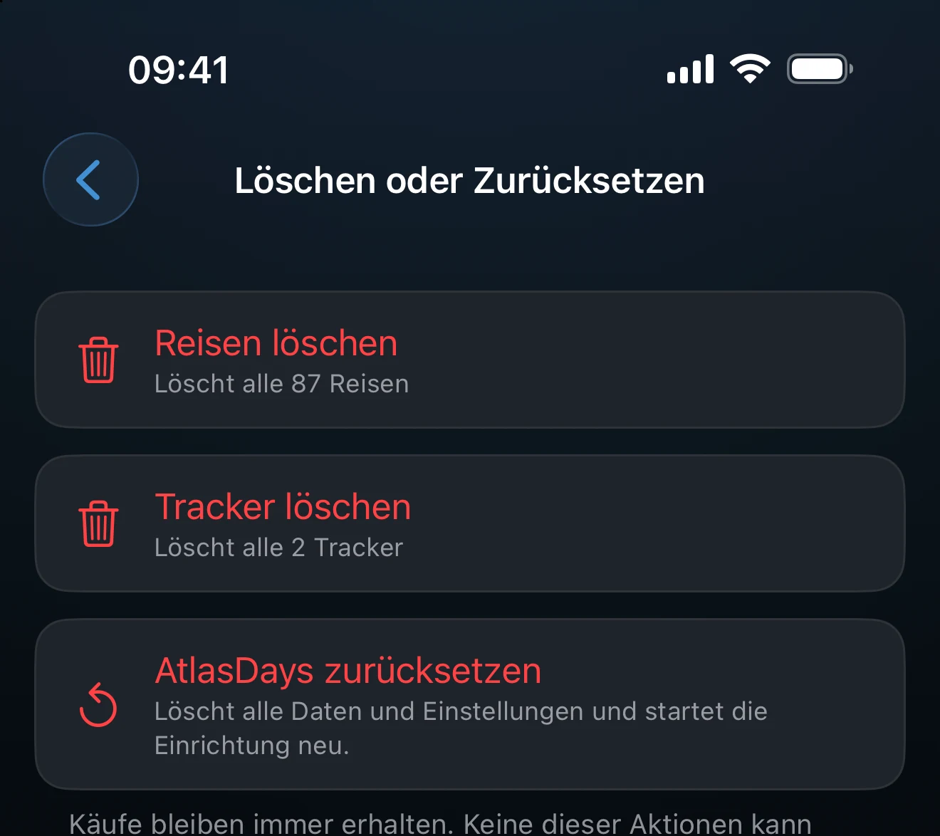 Der Bildschirm „Löschen oder Zurücksetzen“ mit den verfügbaren Aktionen