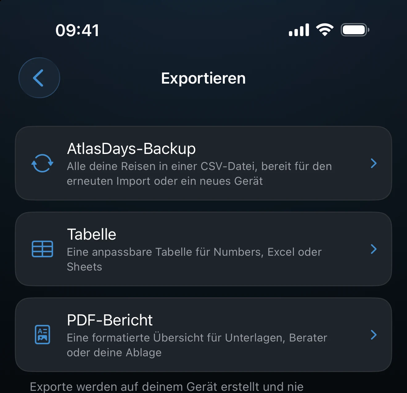 Die Exportübersicht mit den Optionen AtlasDays-Backup, Tabelle und PDF