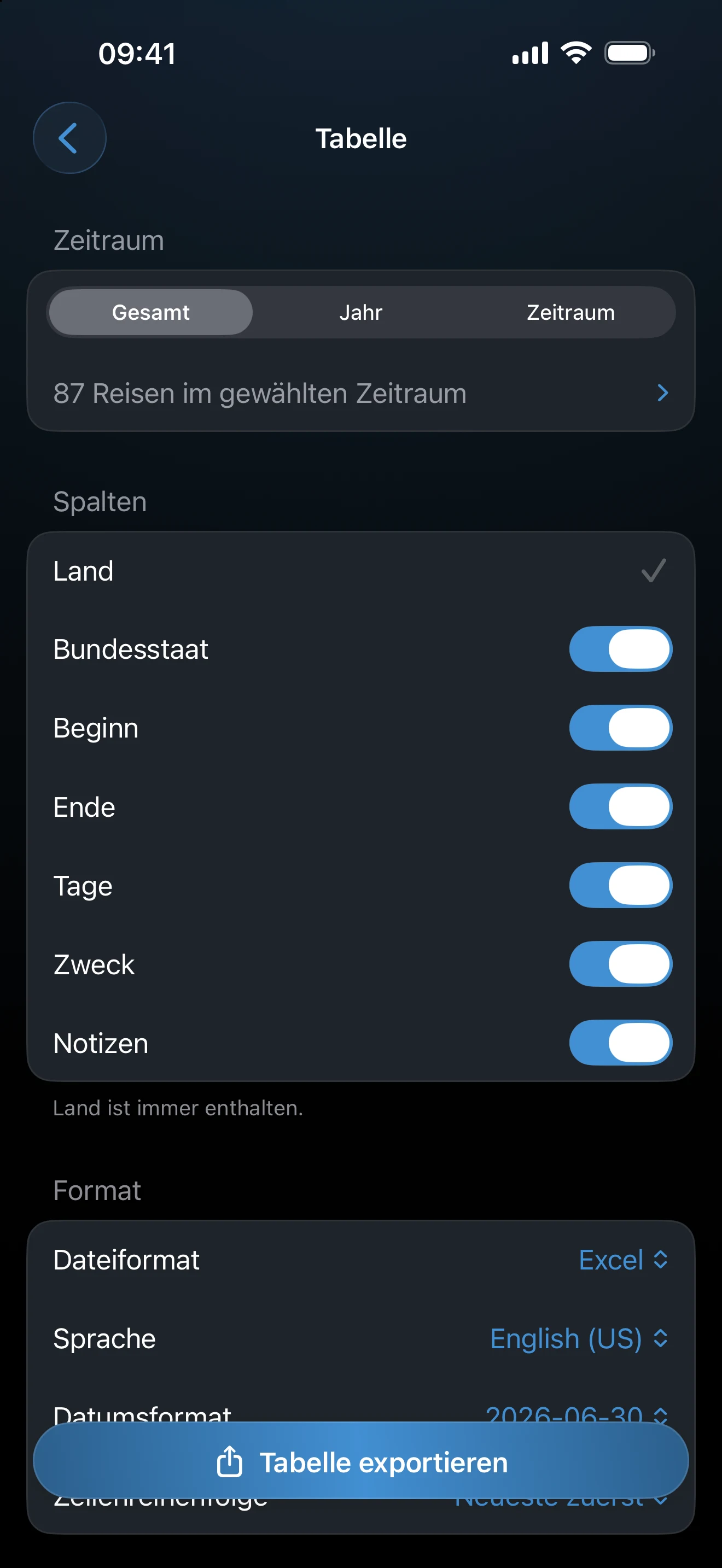 Die Konfiguration des Tabellenexports mit Format- und Datumsoptionen