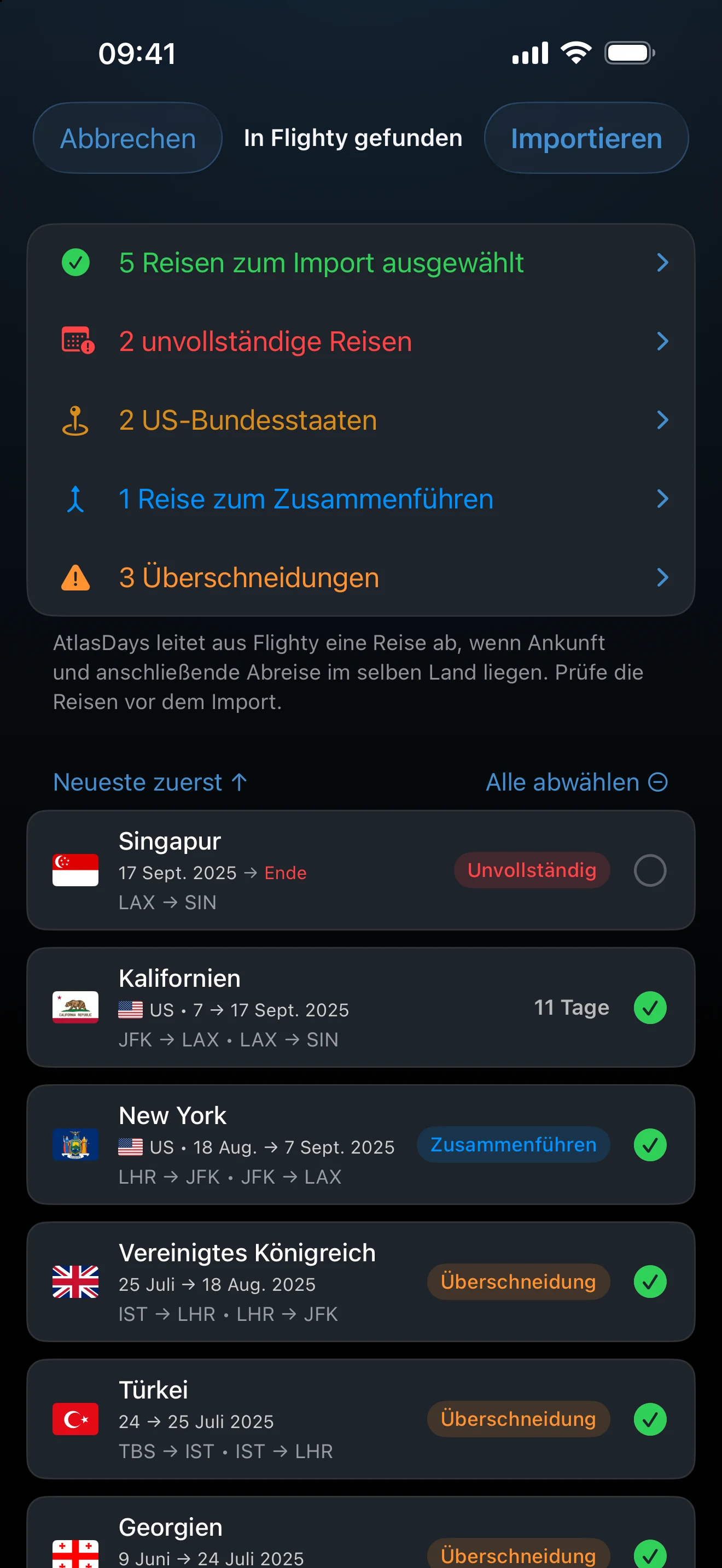 Die Vorschau des Flighty-Imports mit Aufenthalten, Transit und Warnungen
