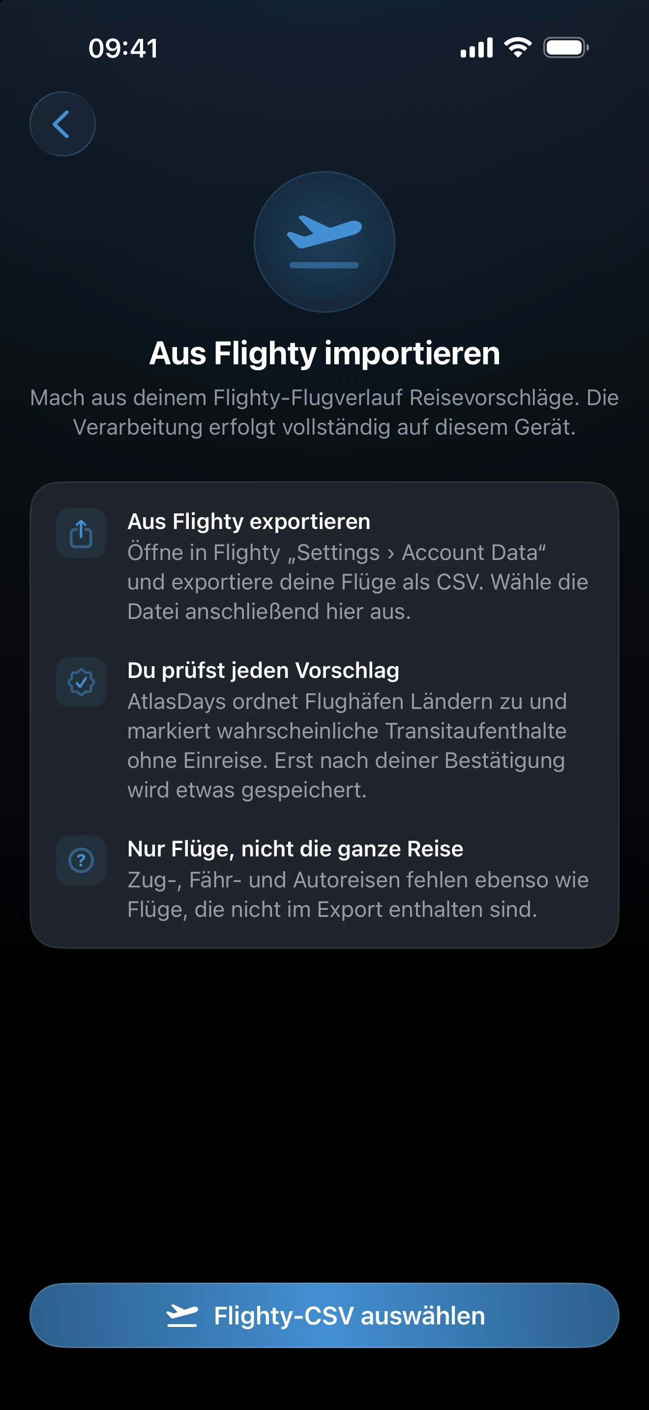 Der Einrichtungsbildschirm für den Import aus Flighty