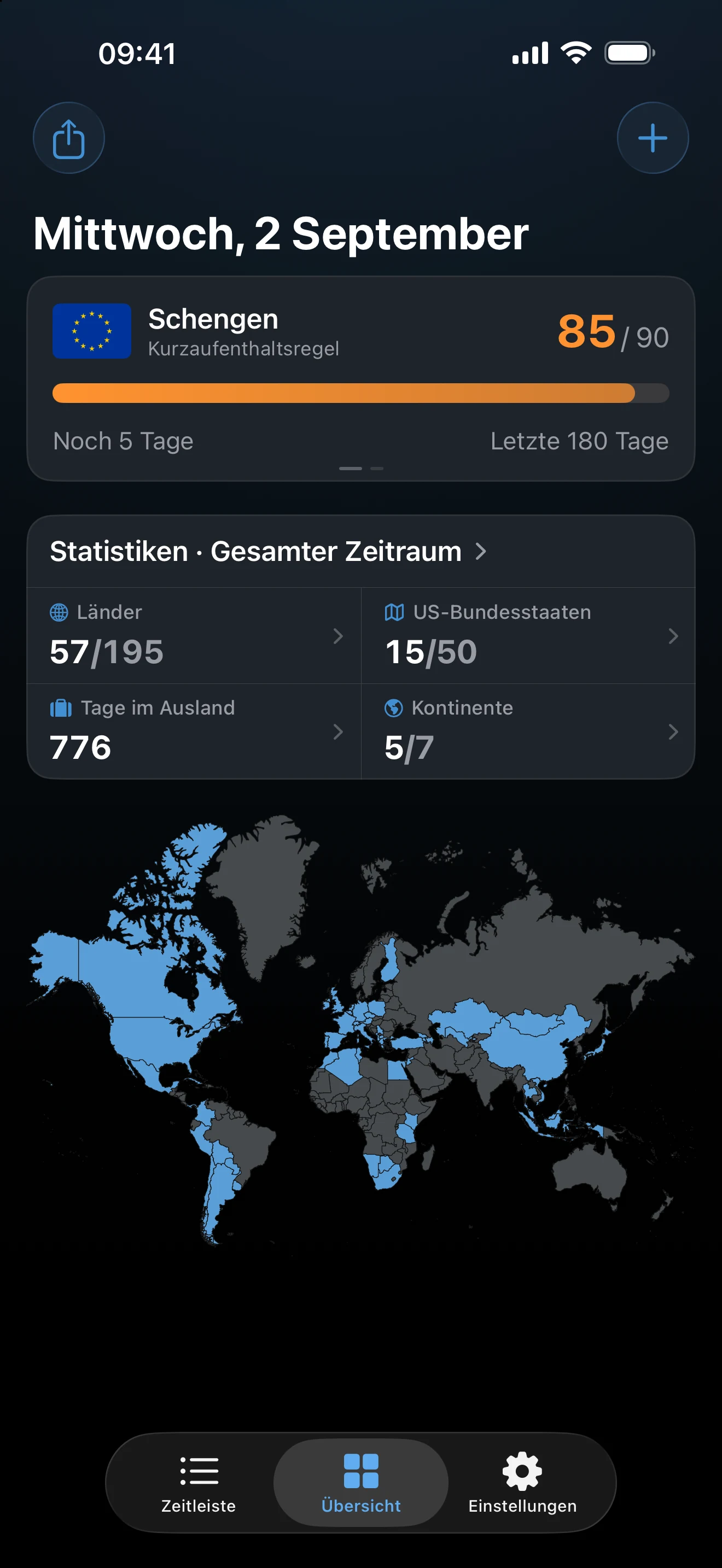 Die Übersicht in AtlasDays mit Tagessummen, Trackern und der Weltkarte
