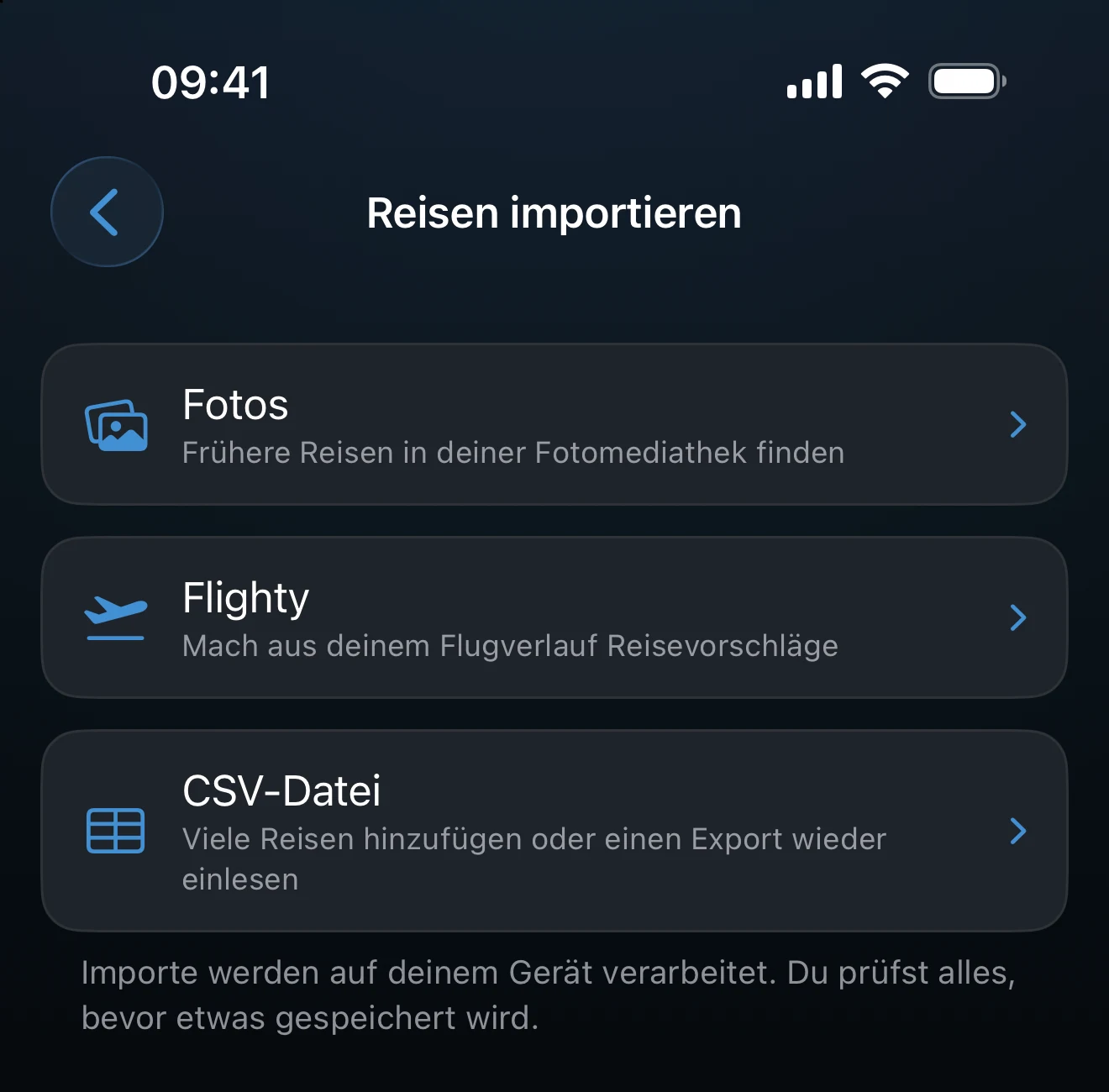 Der Import-Bildschirm mit den Optionen Fotos, Flighty und CSV