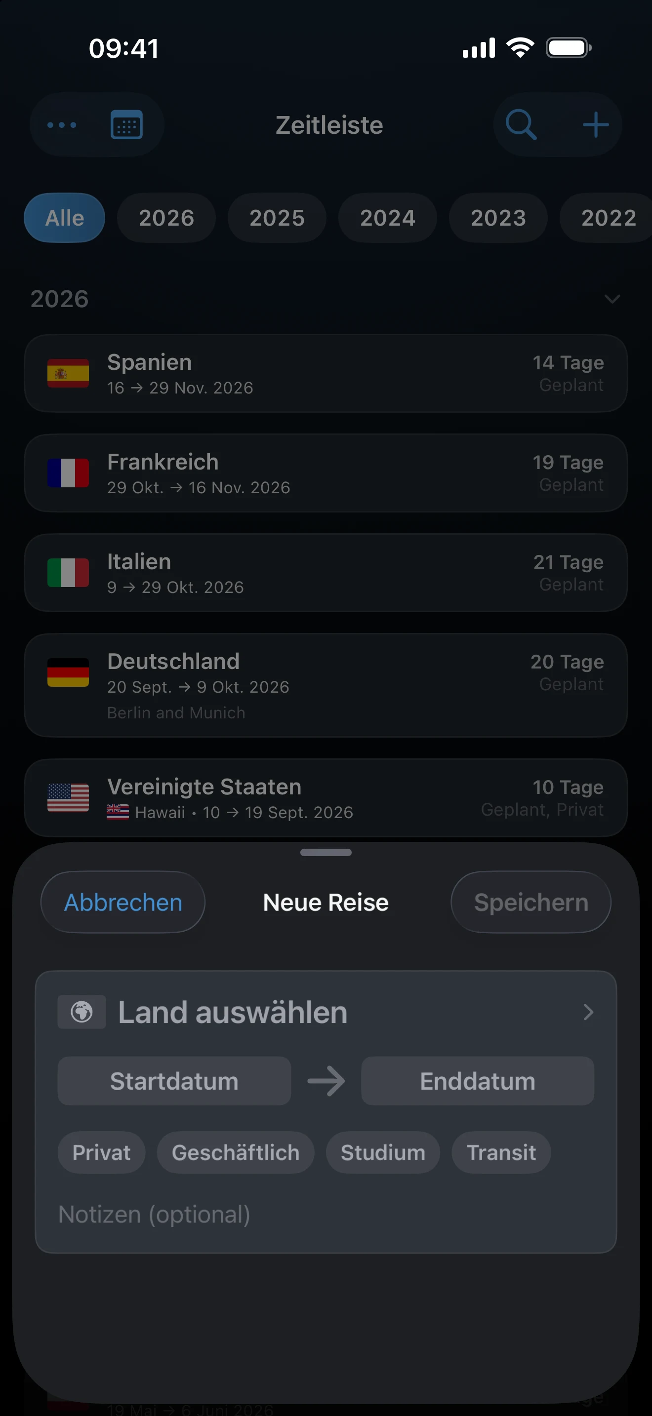 Das Blatt „Reise hinzufügen“ mit Land, Datumsangaben und Zweck