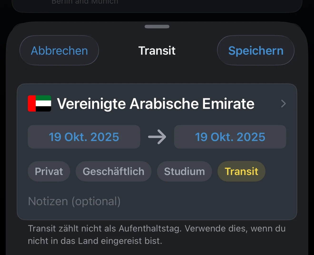 Reise mit ausgewähltem Zweck Transit