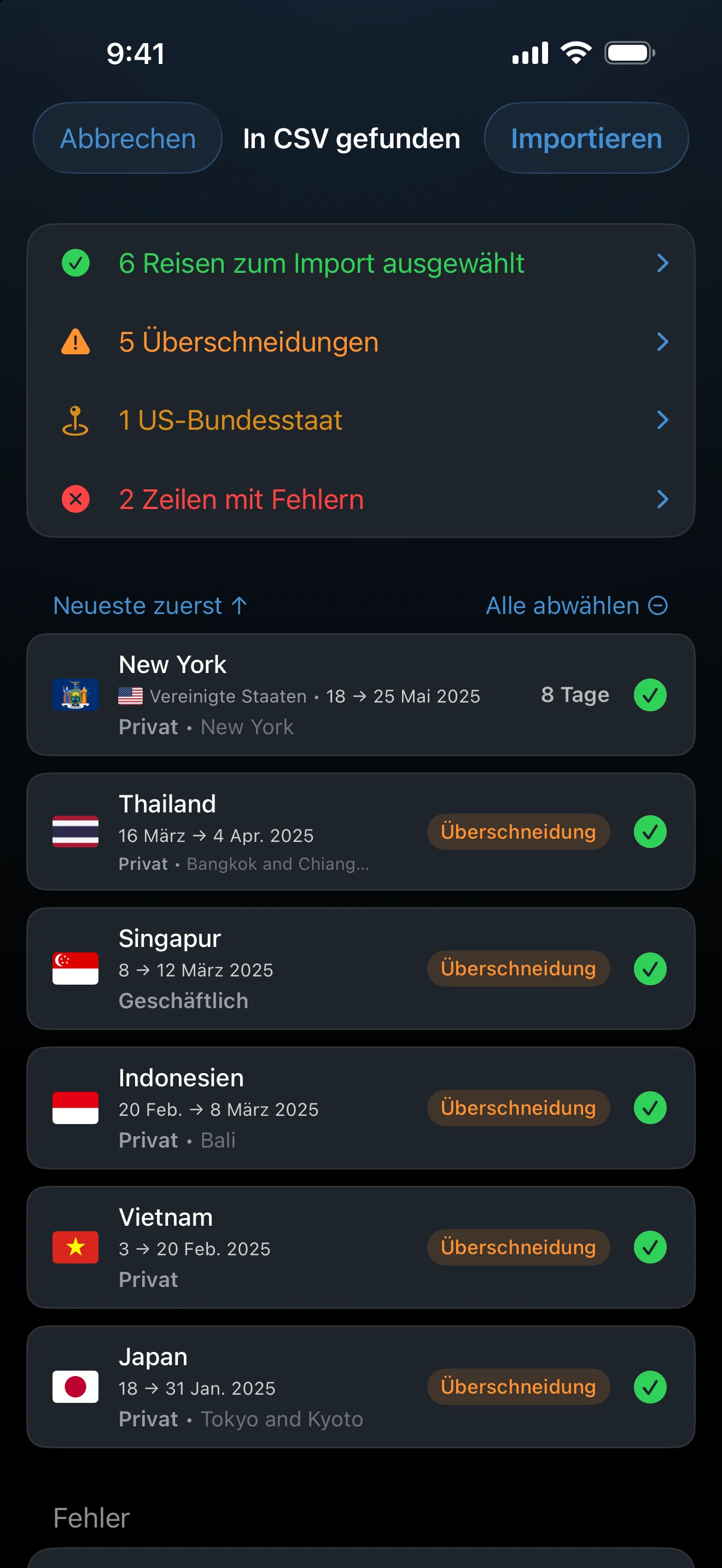 Importprüfung mit den Markierungen Duplikat, Zusammenführen und Überschneidung auf den Reisekarten