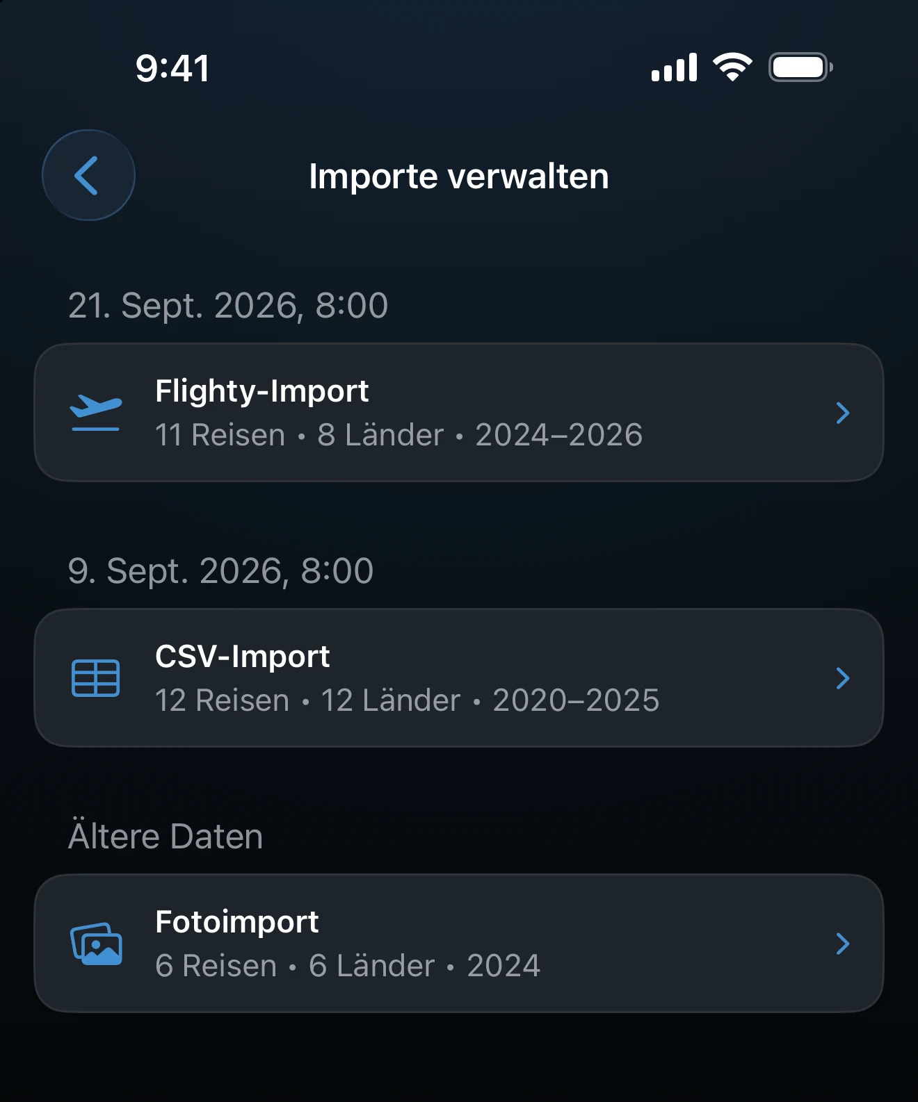 „Importe verwalten“ mit jedem Import samt Anzahl der Reisen und Länder