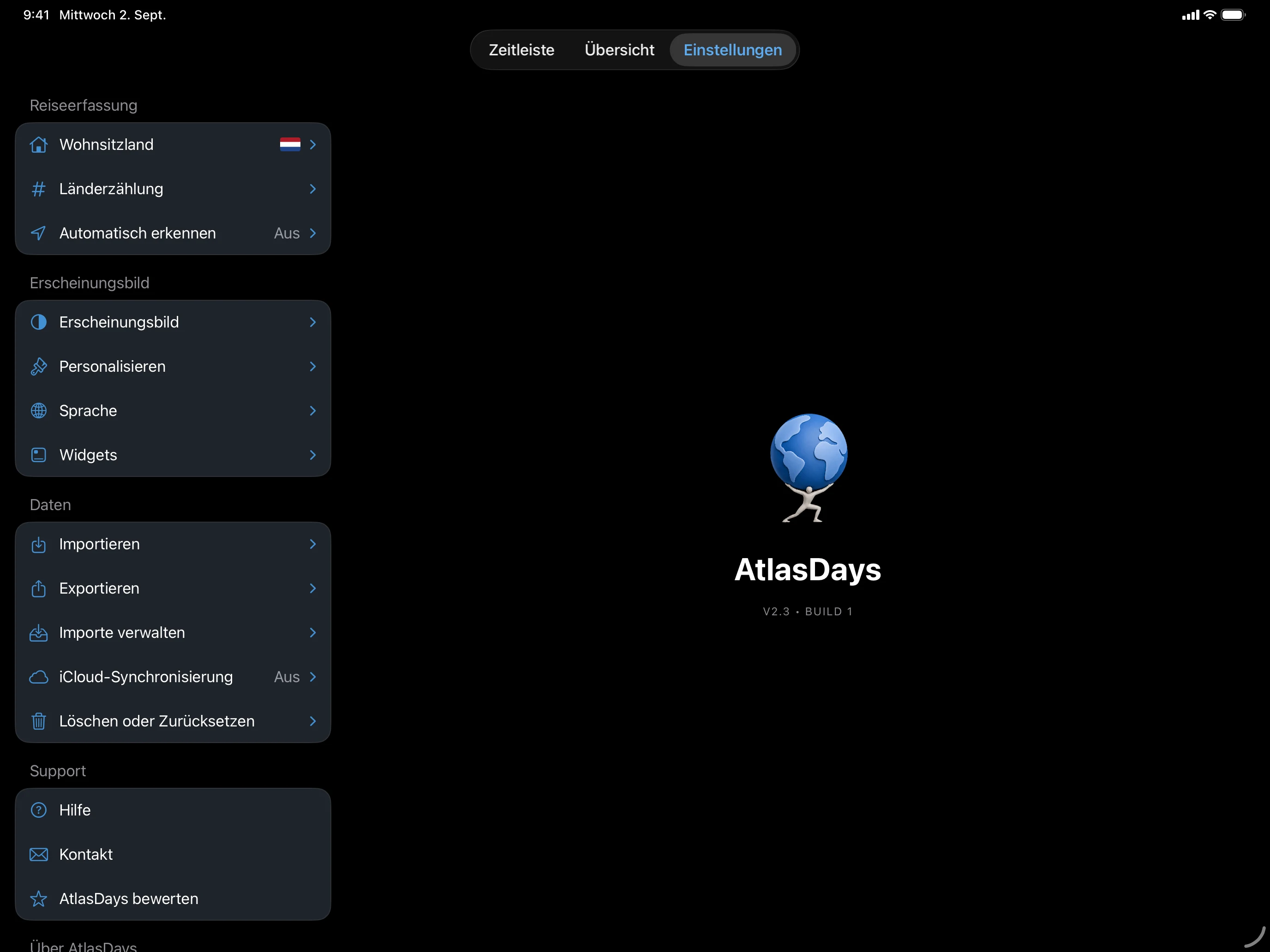 Die Einstellungen von AtlasDays auf dem iPad mit Seitenleiste und Detailbereich