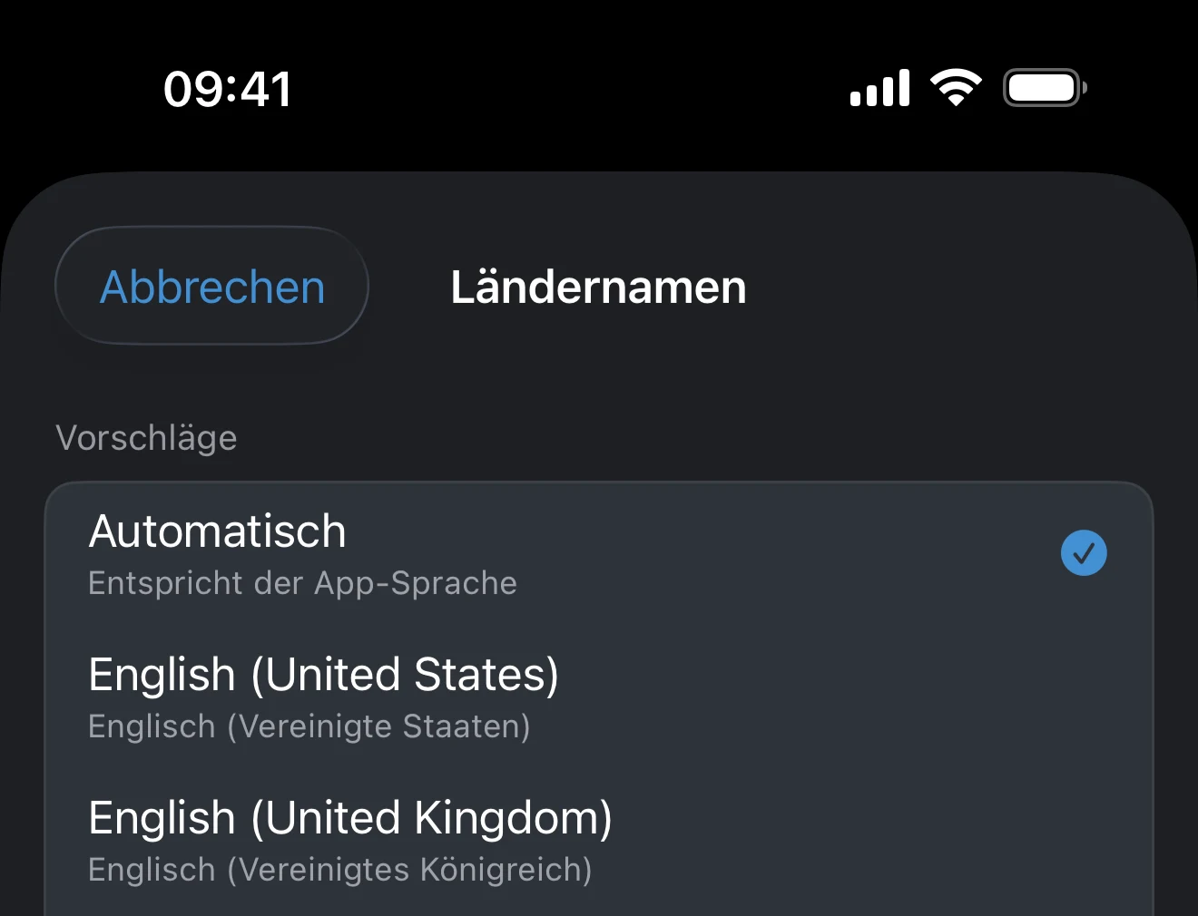 Die Sprachauswahl für Ländernamen