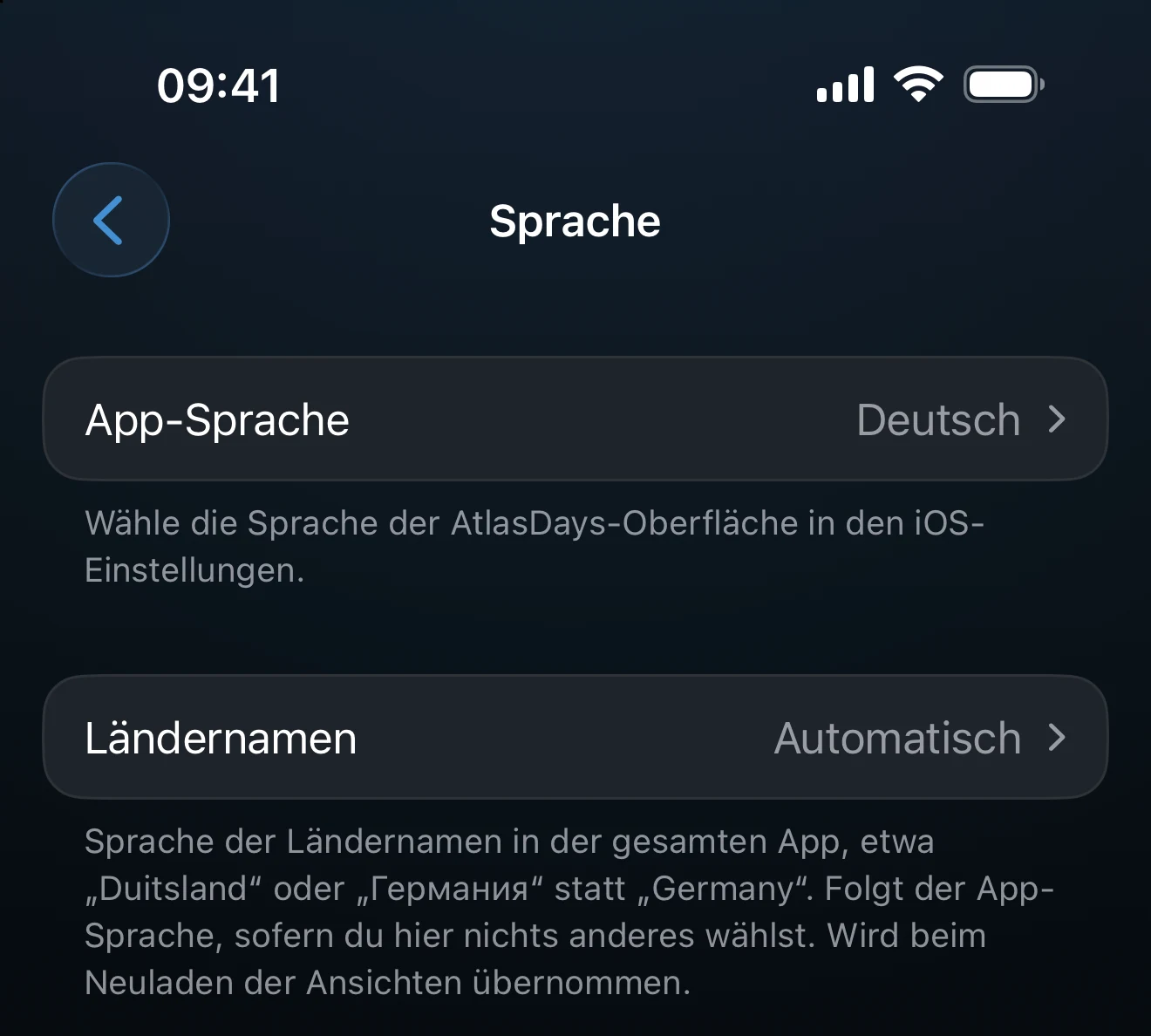 Die Spracheinstellungen mit der Auswahl für Oberfläche und Ländernamen