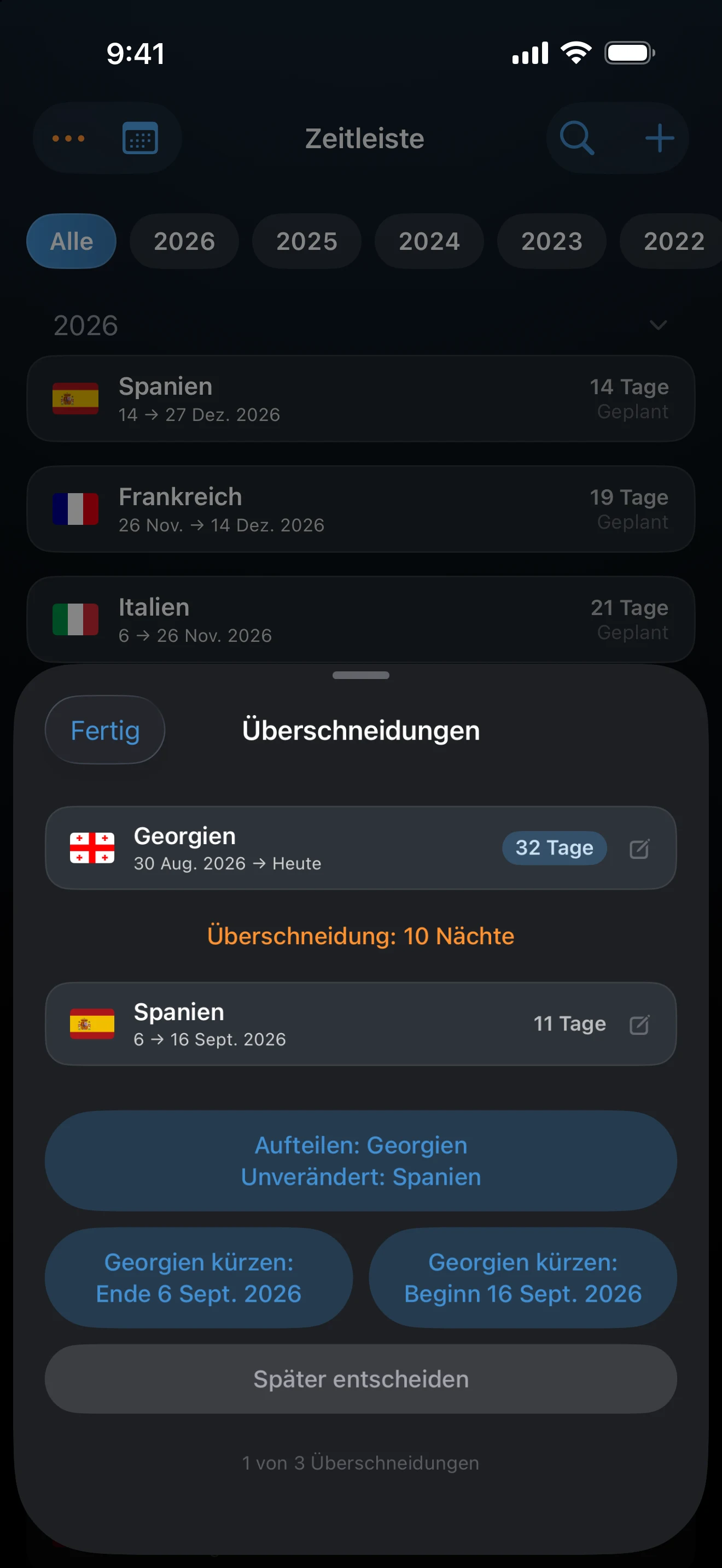 Das Blatt Überschneidungen mit Optionen zum Kürzen für zwei Reisen