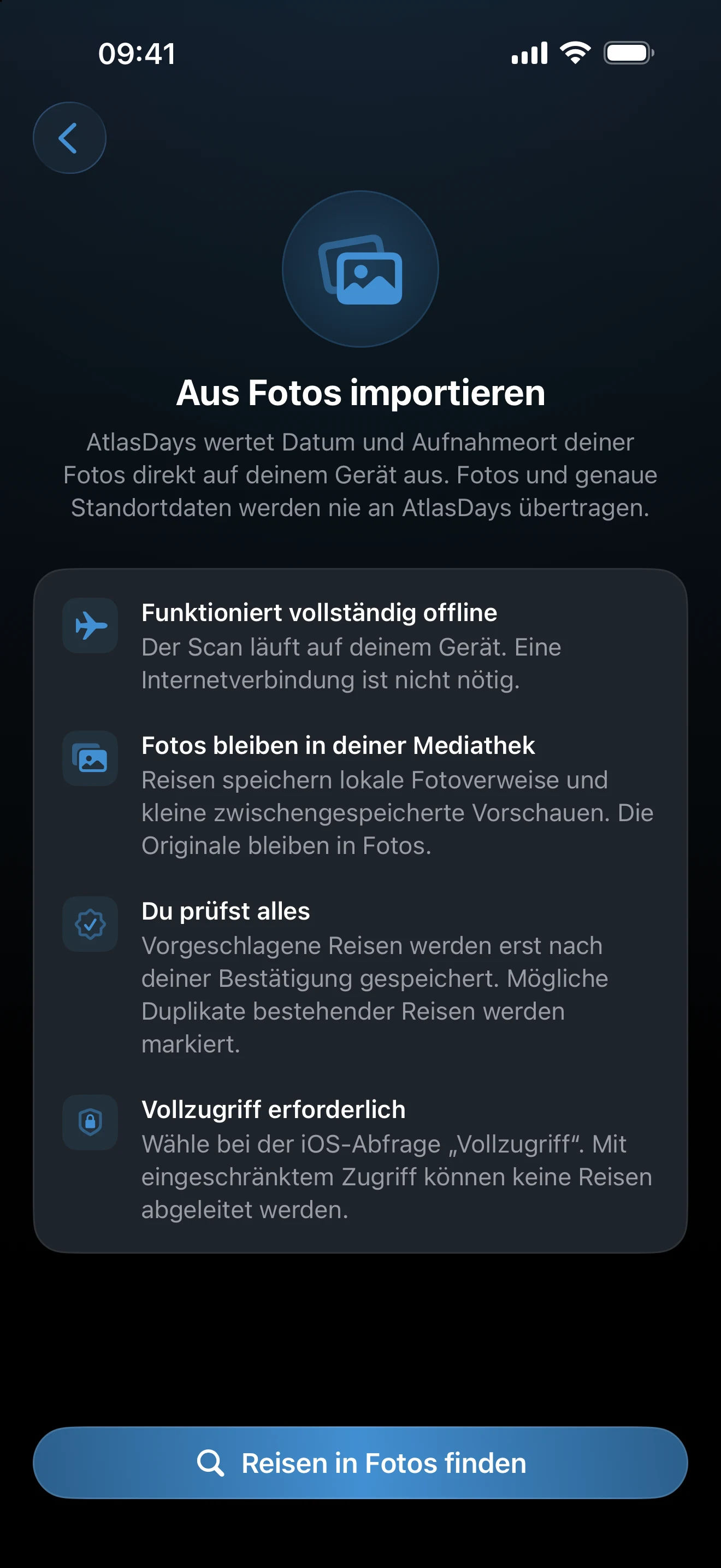 Der Einrichtungsbildschirm für den Fotoimport