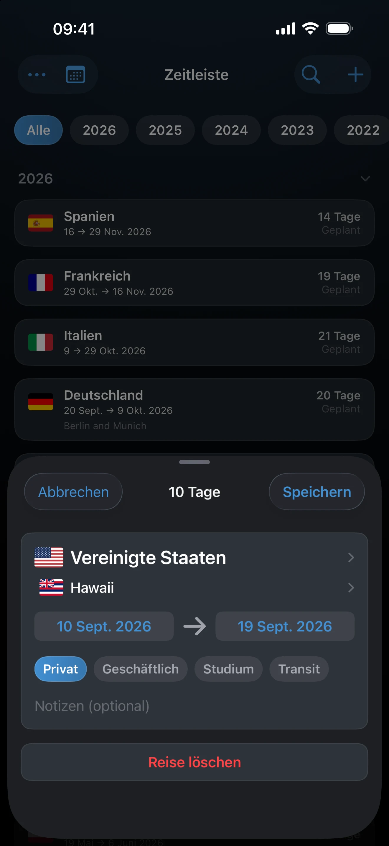 Das Blatt „Reise hinzufügen“ mit eingetragenen künftigen Datumsangaben