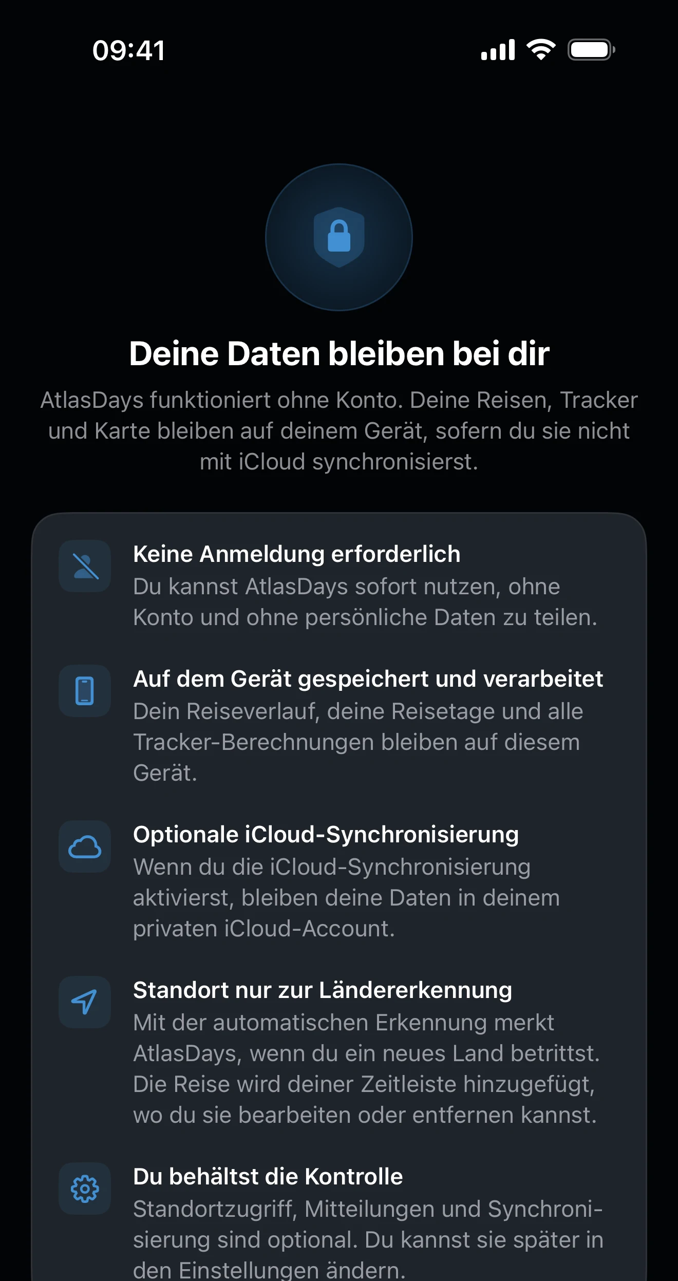Die Datenschutzübersicht von AtlasDays mit den Zusammenfassungen zu Daten und Berechtigungen