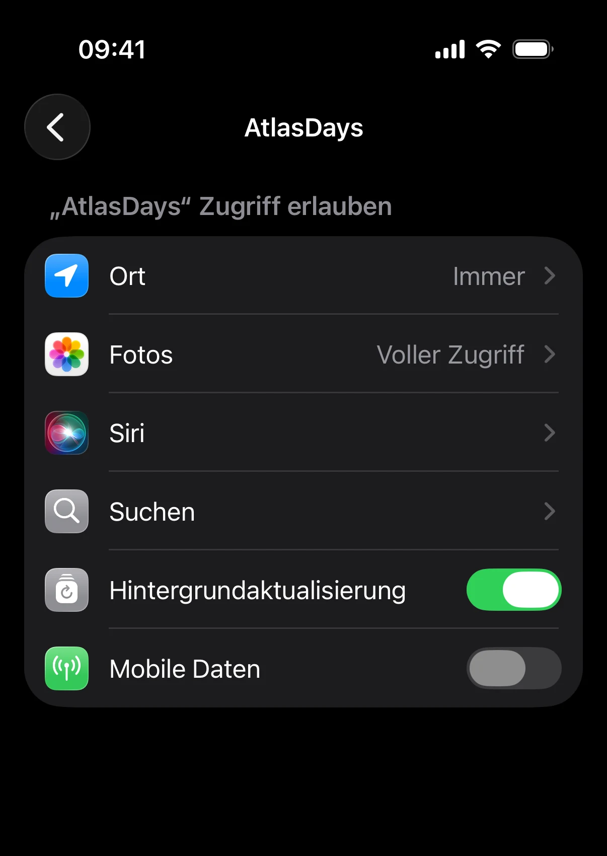 Die iOS-Einstellungen für AtlasDays mit den Berechtigungen für Standort, Fotos und weitere