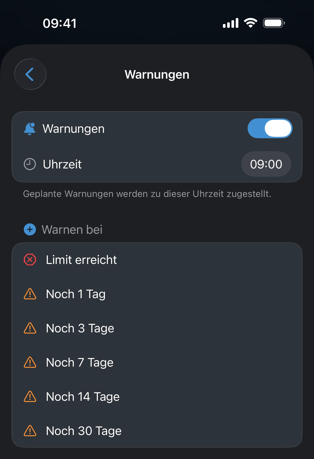 Der Bildschirm für Tracker-Warnungen mit Uhrzeit der Zustellung und der Liste der Schwellen