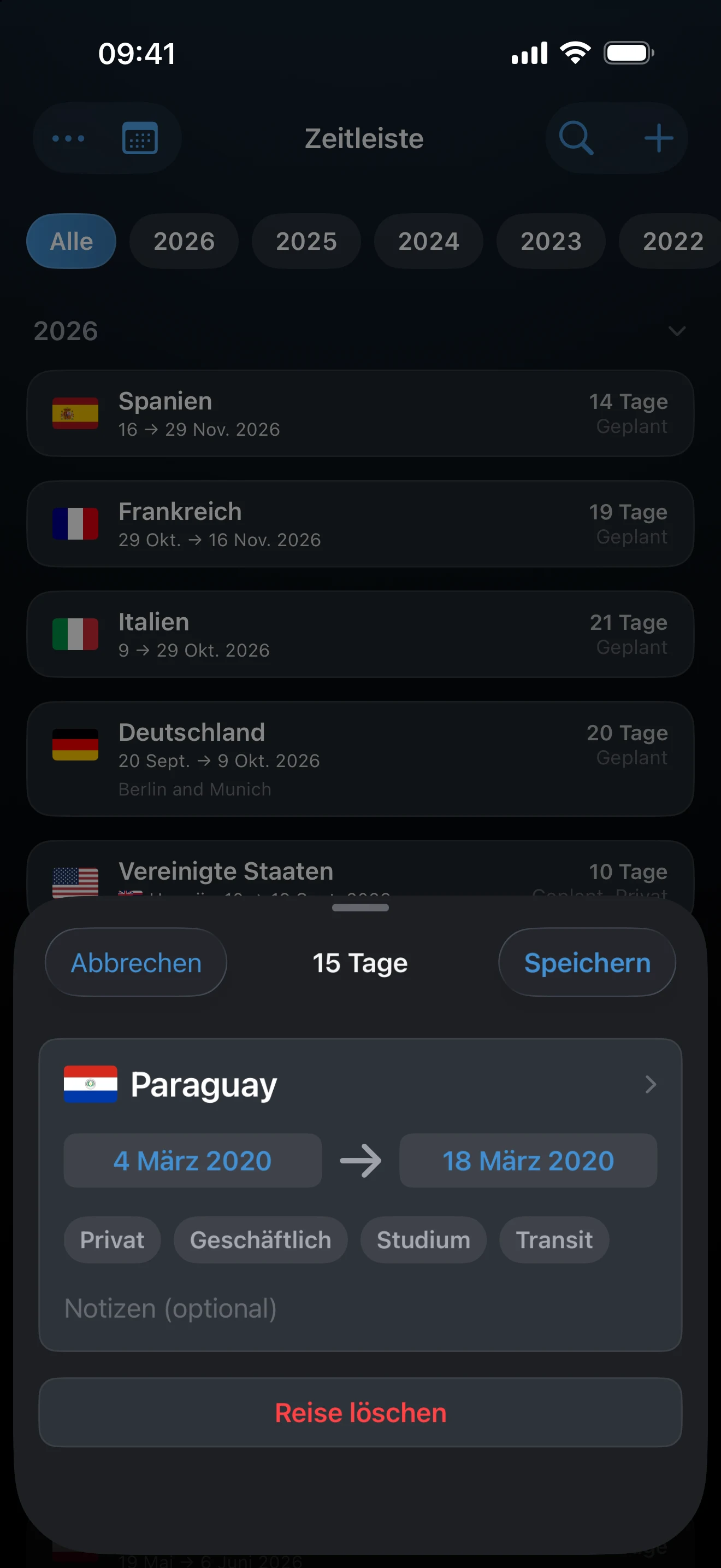 Das Blatt „Reise bearbeiten“ mit Land und Datumsangaben