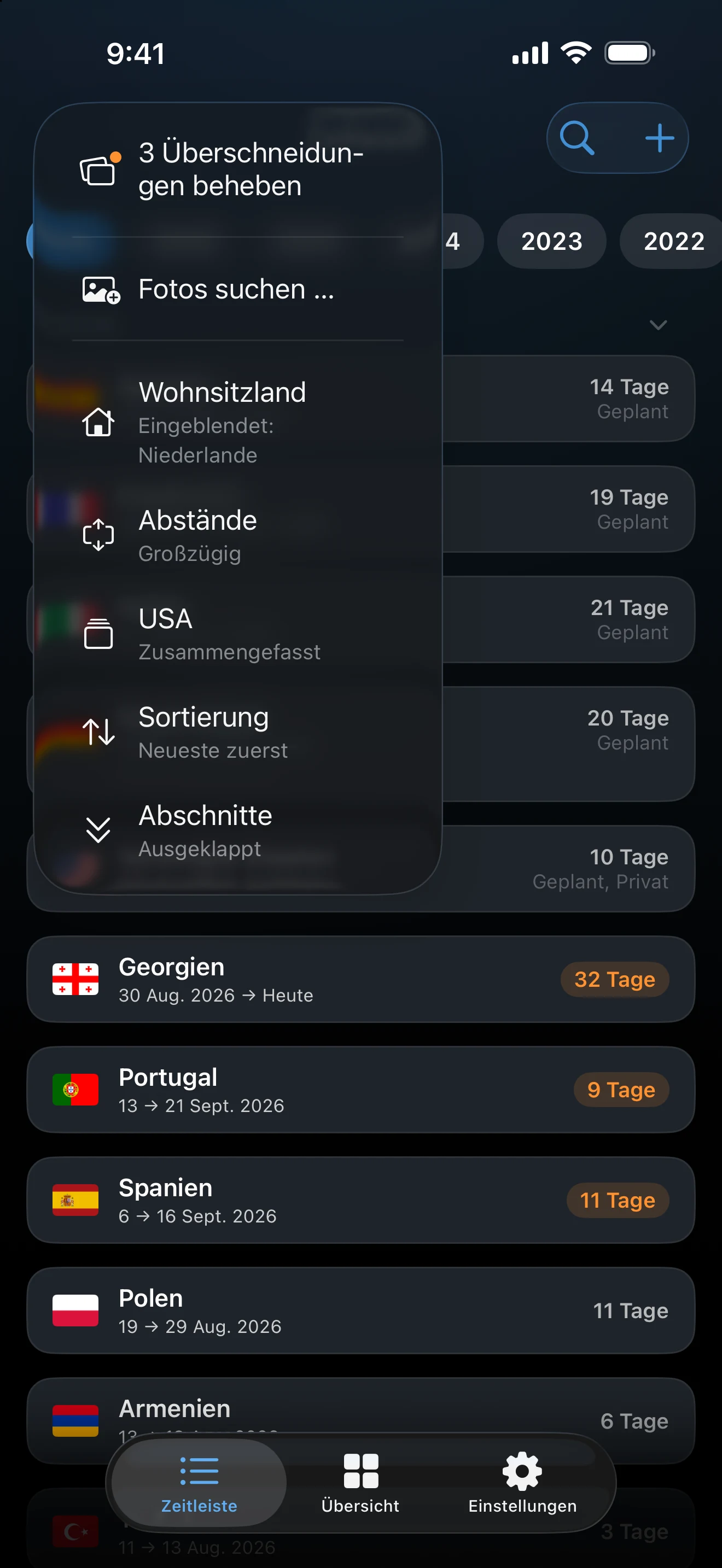 Das Zeitleistenmenü mit Überschneidungen beheben, Fotos suchen, Wohnsitzland, Abstände, USA, Sortierung und Abschnitte