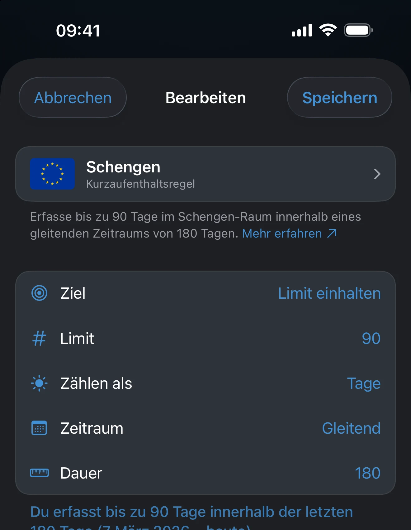 Der Tracker-Editor mit den Einstellungen für Limit und Zeitraum
