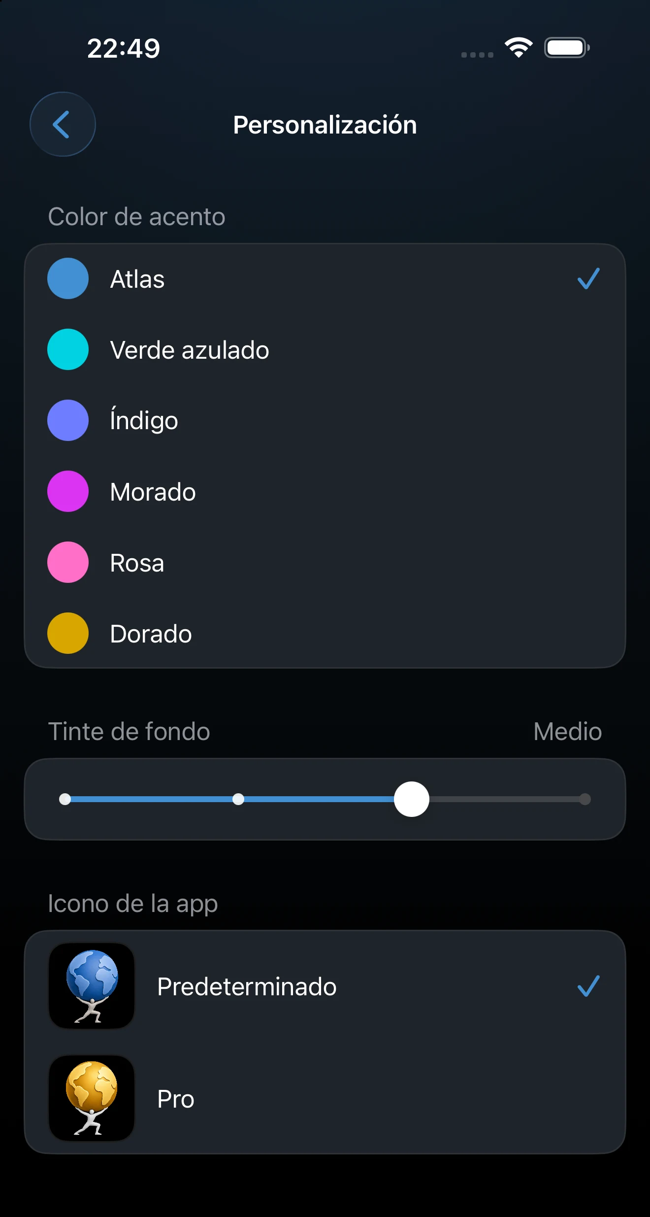 Pantalla Personalizar con el color de acento, el fondo y el icono de la app