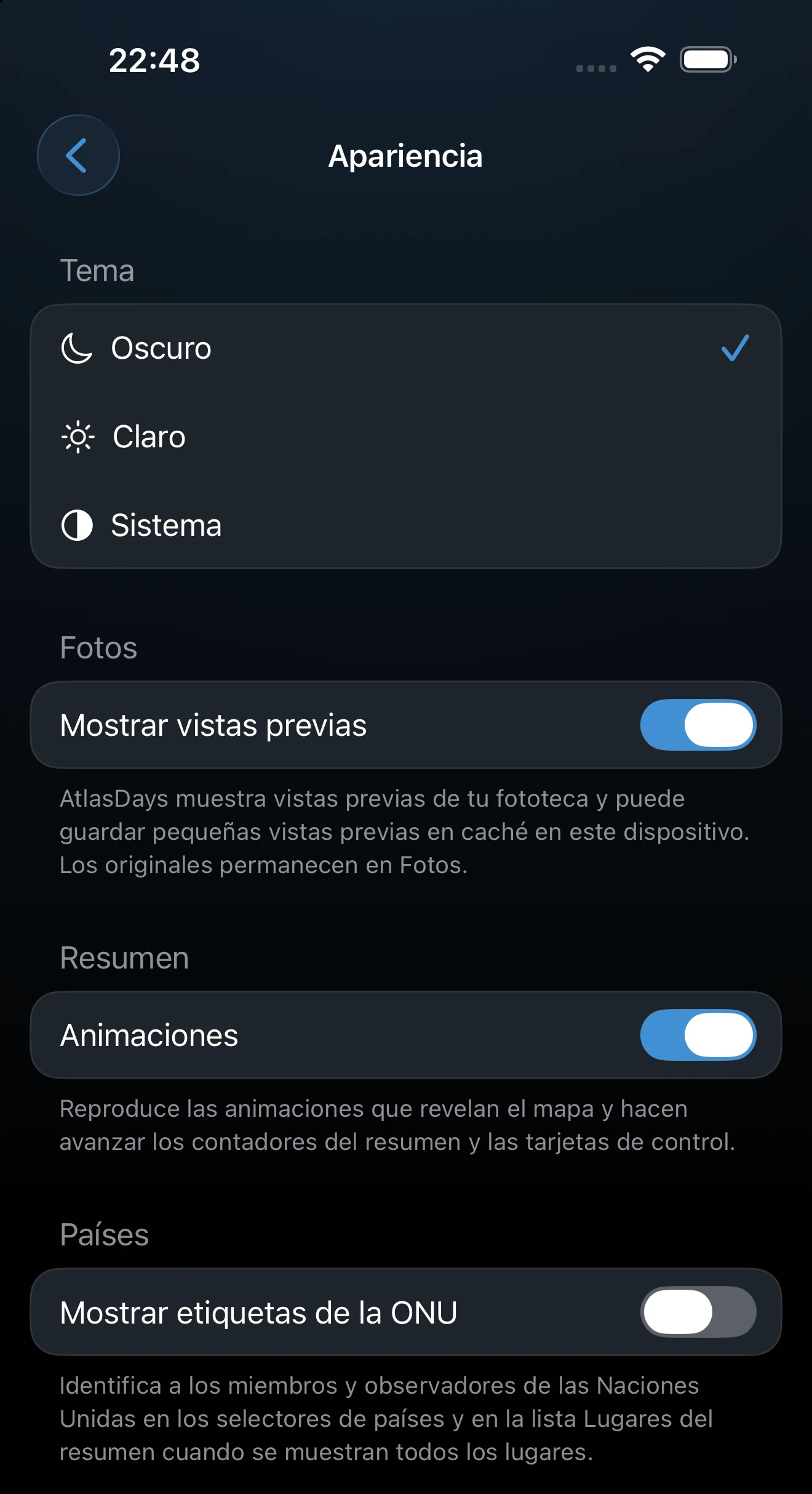 Ajustes de apariencia y personalización con las opciones de tema y de acento