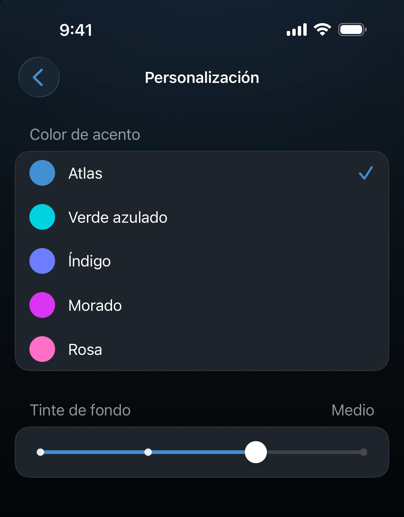 Pantalla Personalización con los colores de acento y el control deslizante del tinte de fondo