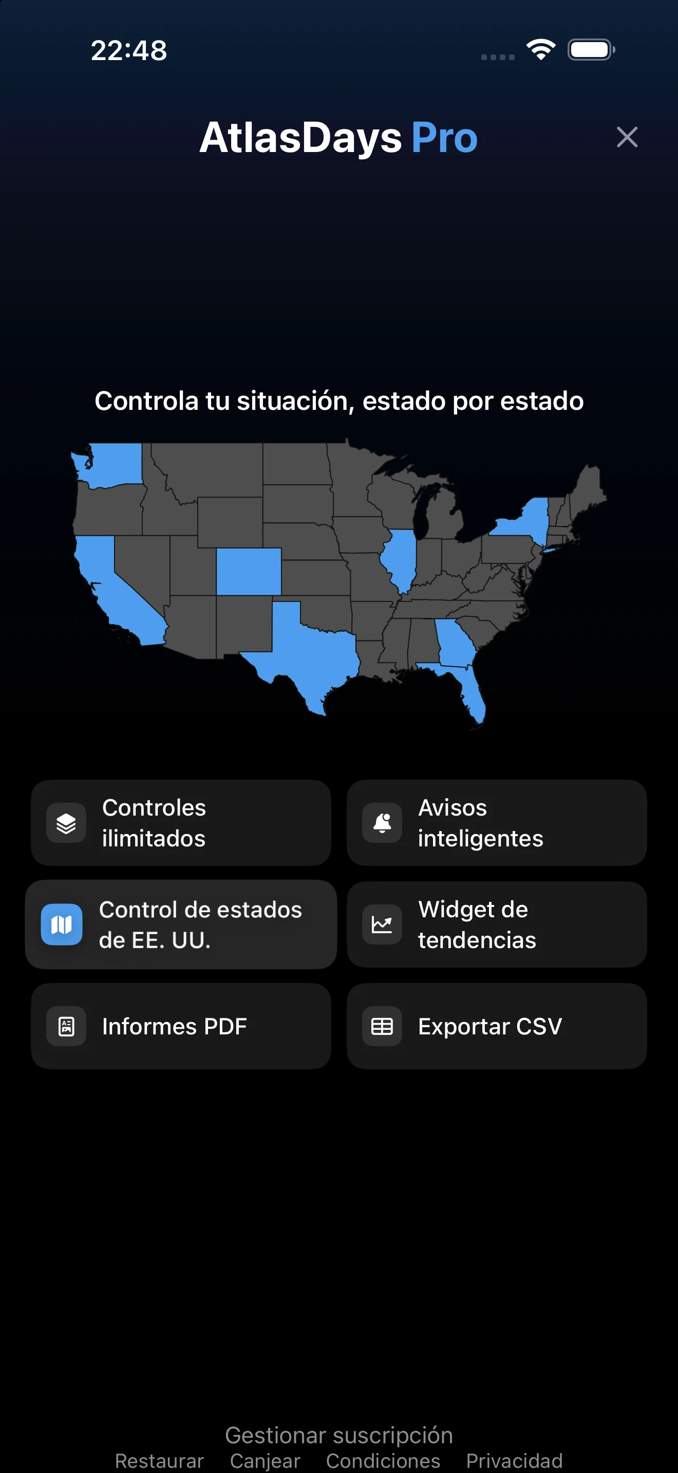 Pantalla actual de mejora a AtlasDays Pro con la lista de funciones