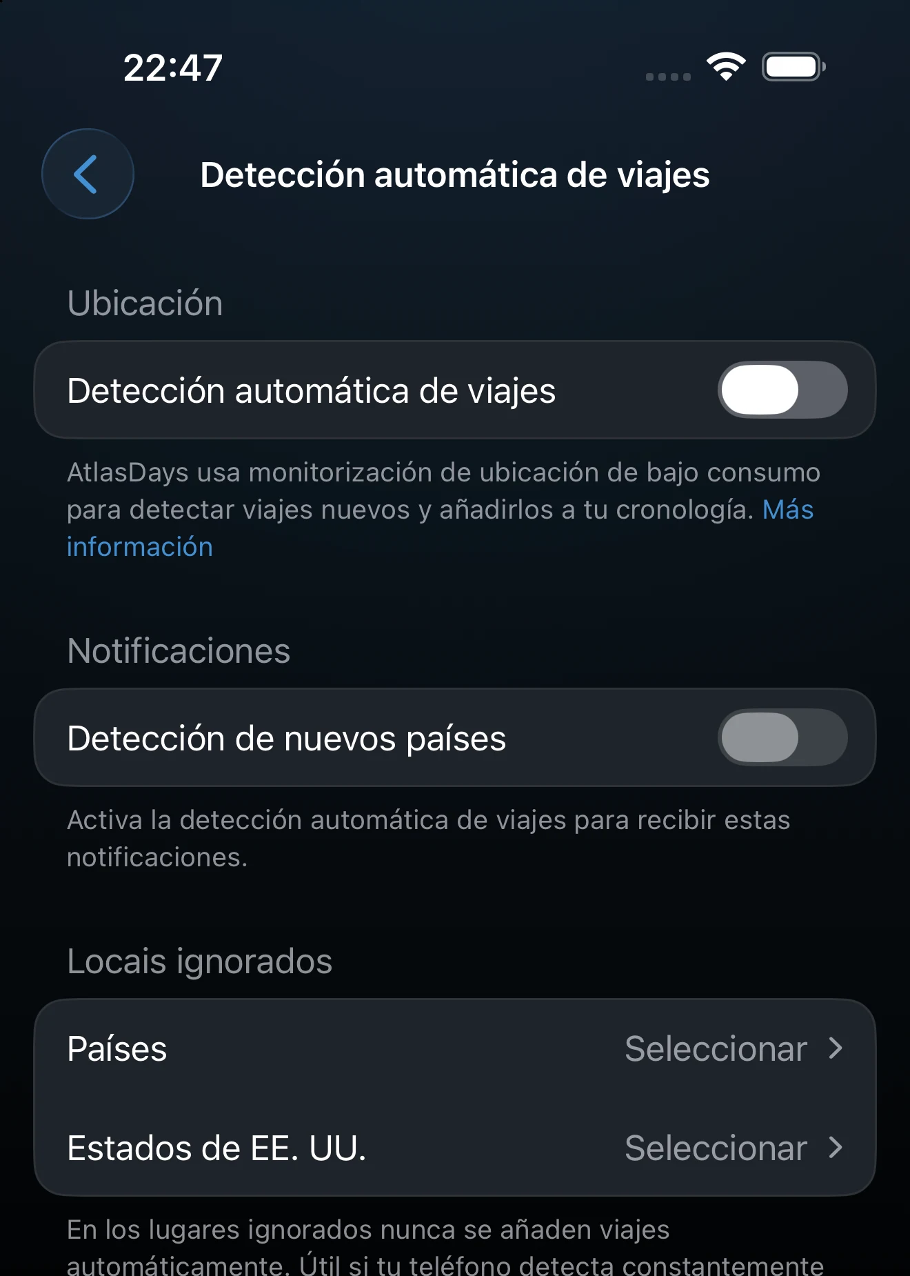 Ajustes de Detección automática de viajes con los controles de ubicación y notificaciones