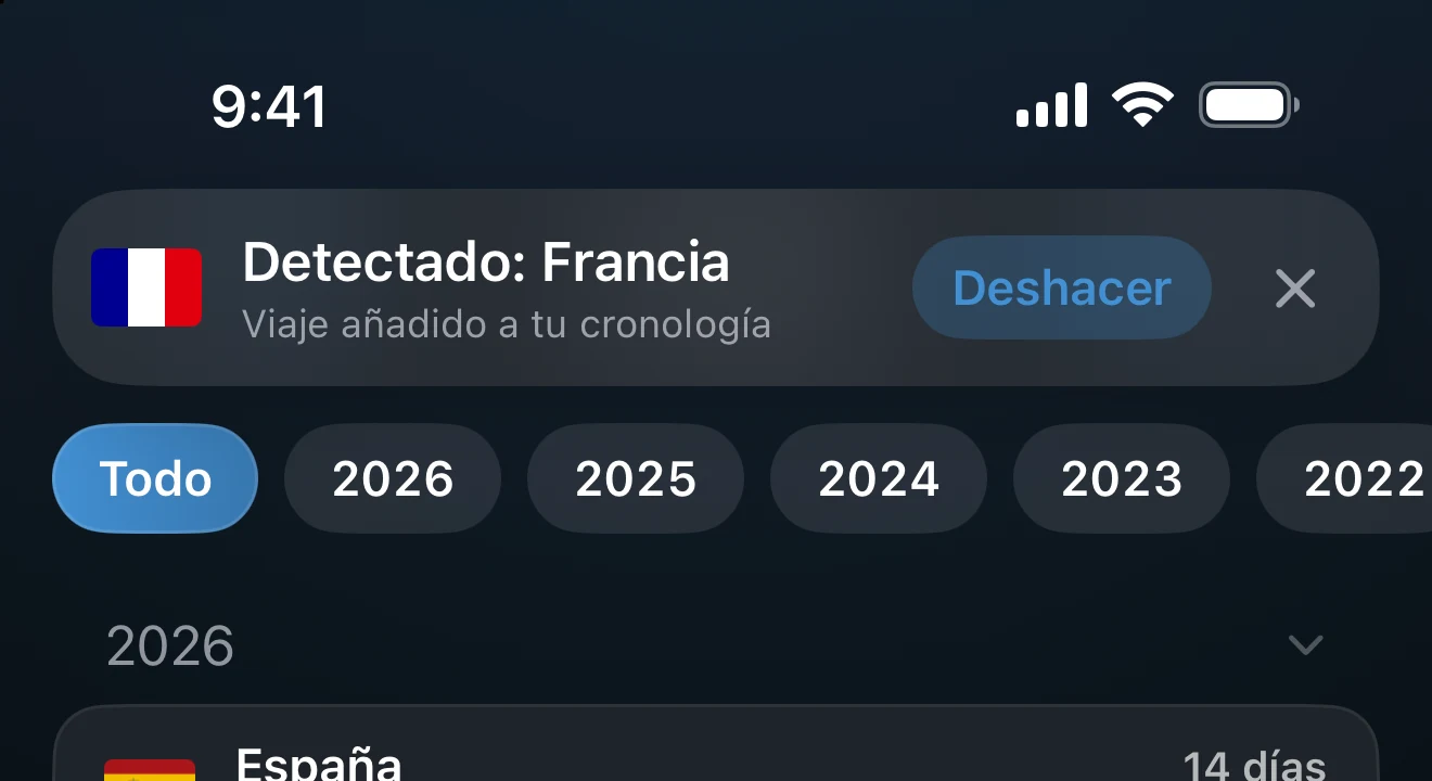 Banner dentro de la app que anuncia un país detectado con un botón Deshacer