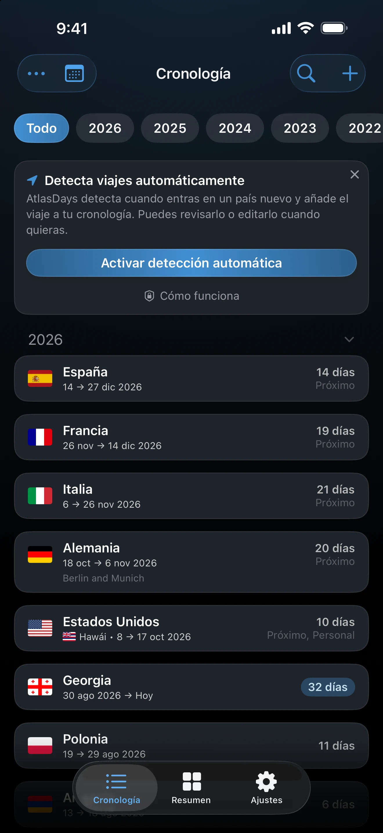 Tarjeta de la Cronología que ofrece activar la detección automática