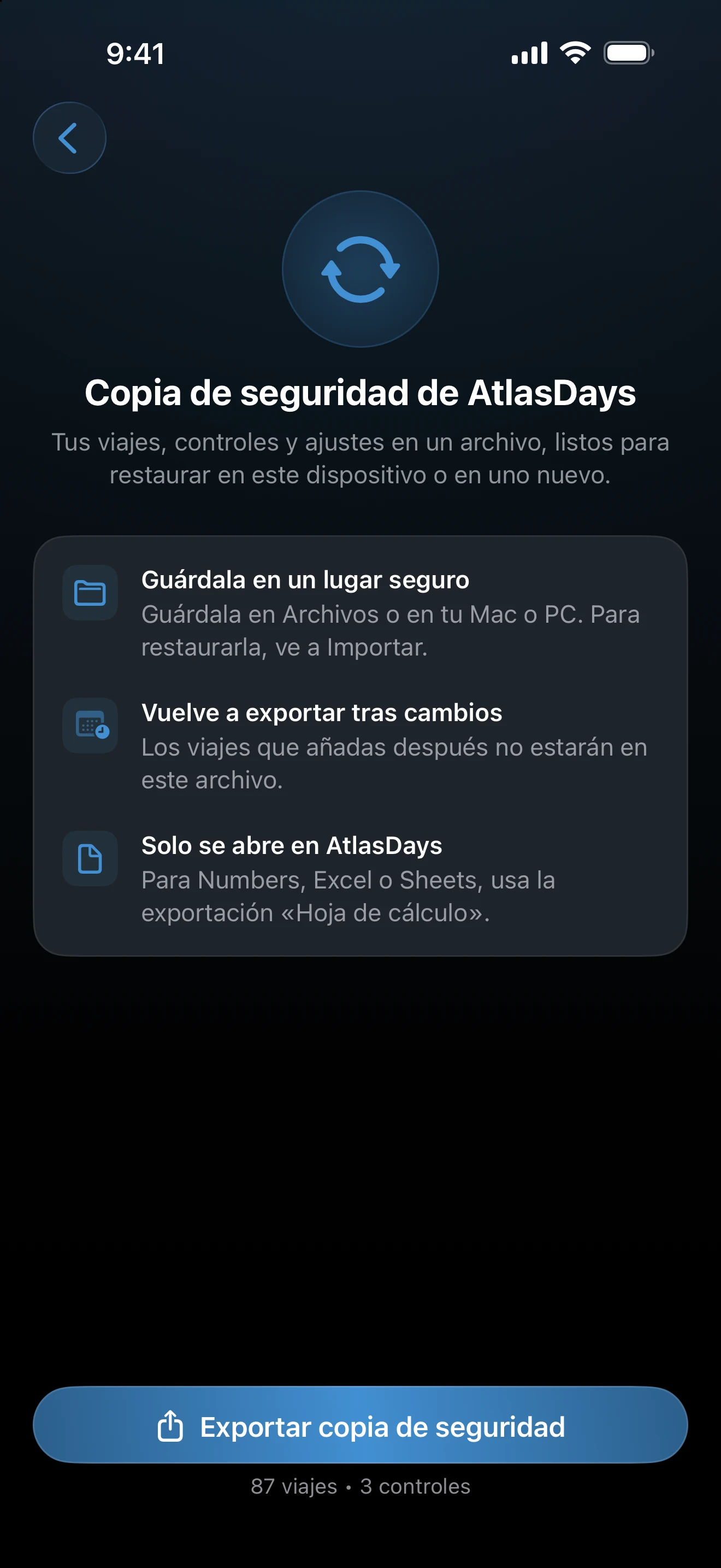 Pantalla Copia de seguridad de AtlasDays con el botón Exportar copia de seguridad y los recuentos de viajes y controles