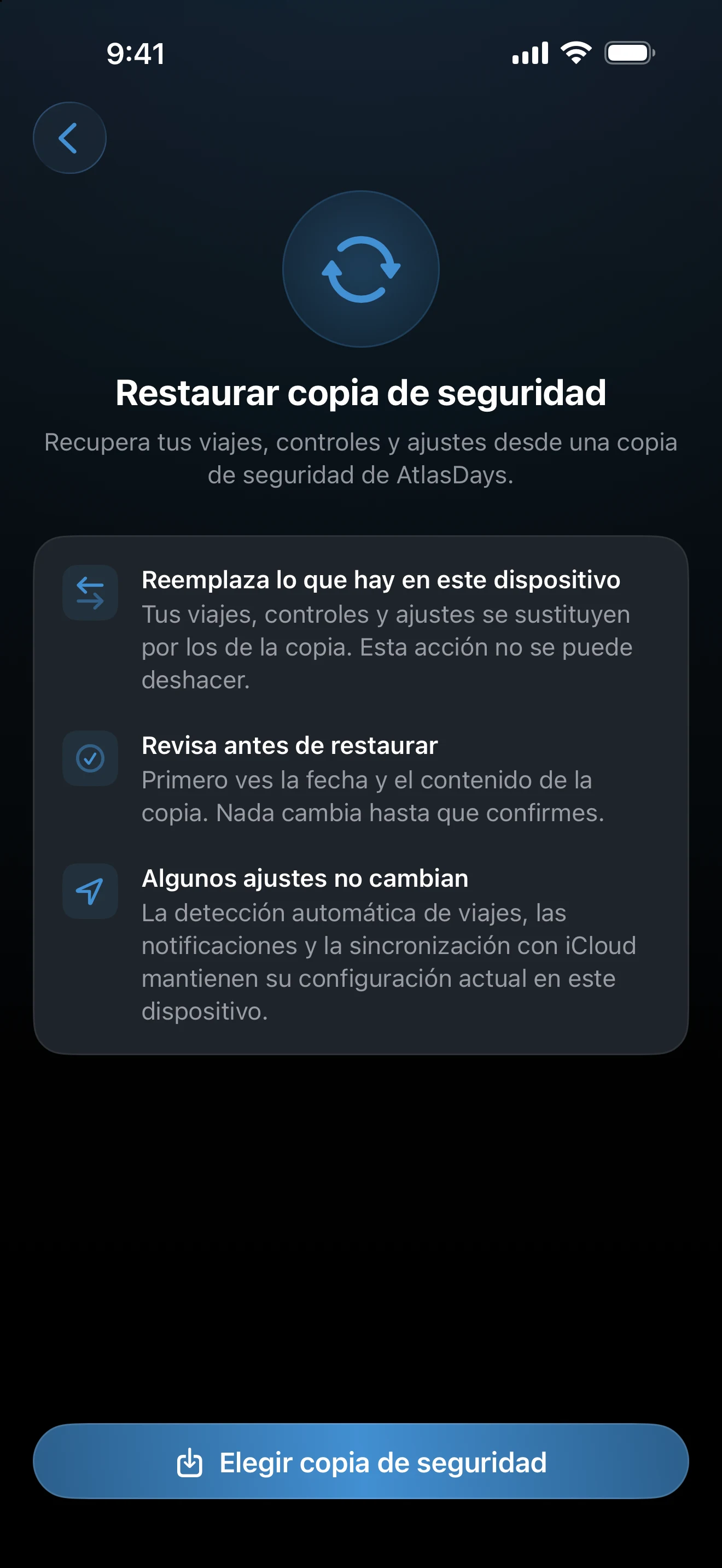 Pantalla Restaurar copia de seguridad con el botón Elegir copia de seguridad