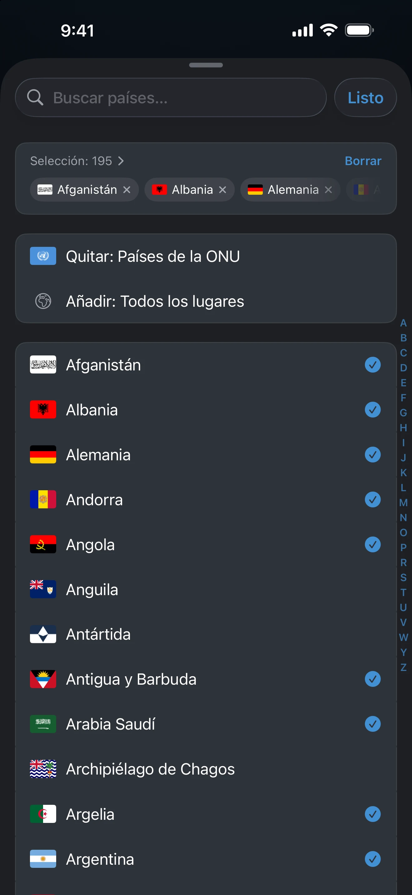 Selector del Recuento de países con la fila de plantilla Países de la ONU sobre la lista de lugares