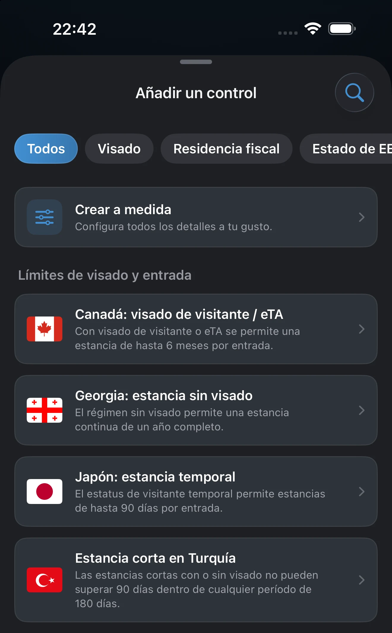 Hoja Añadir un control con los filtros Visado, Residencia fiscal, Estado de EE. UU. y Objetivo de estancia sobre la lista de plantillas